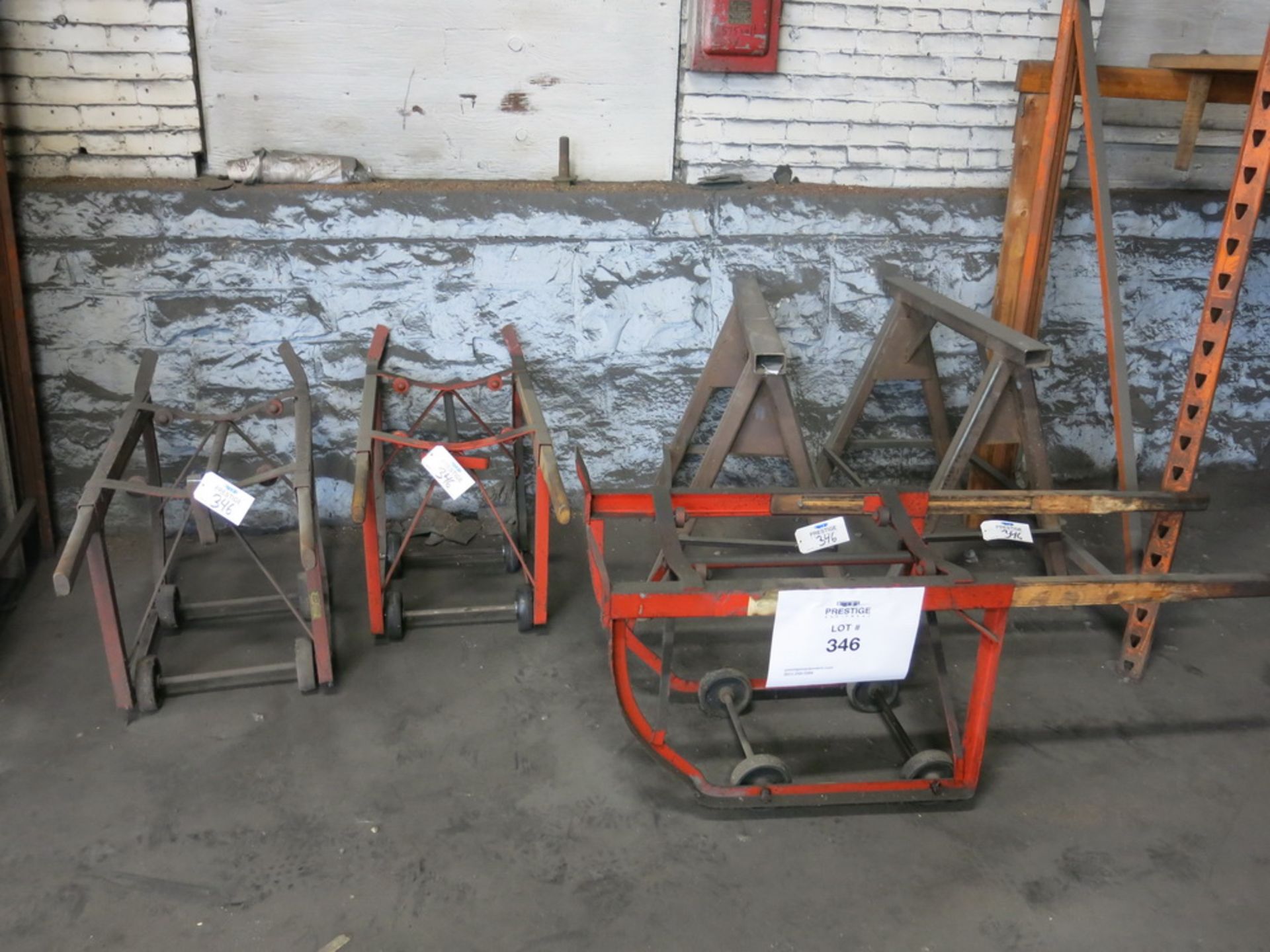 Lot of (3) 55-Gallon Drum Carts, (2) Heavy Duty Steel Saw Horses