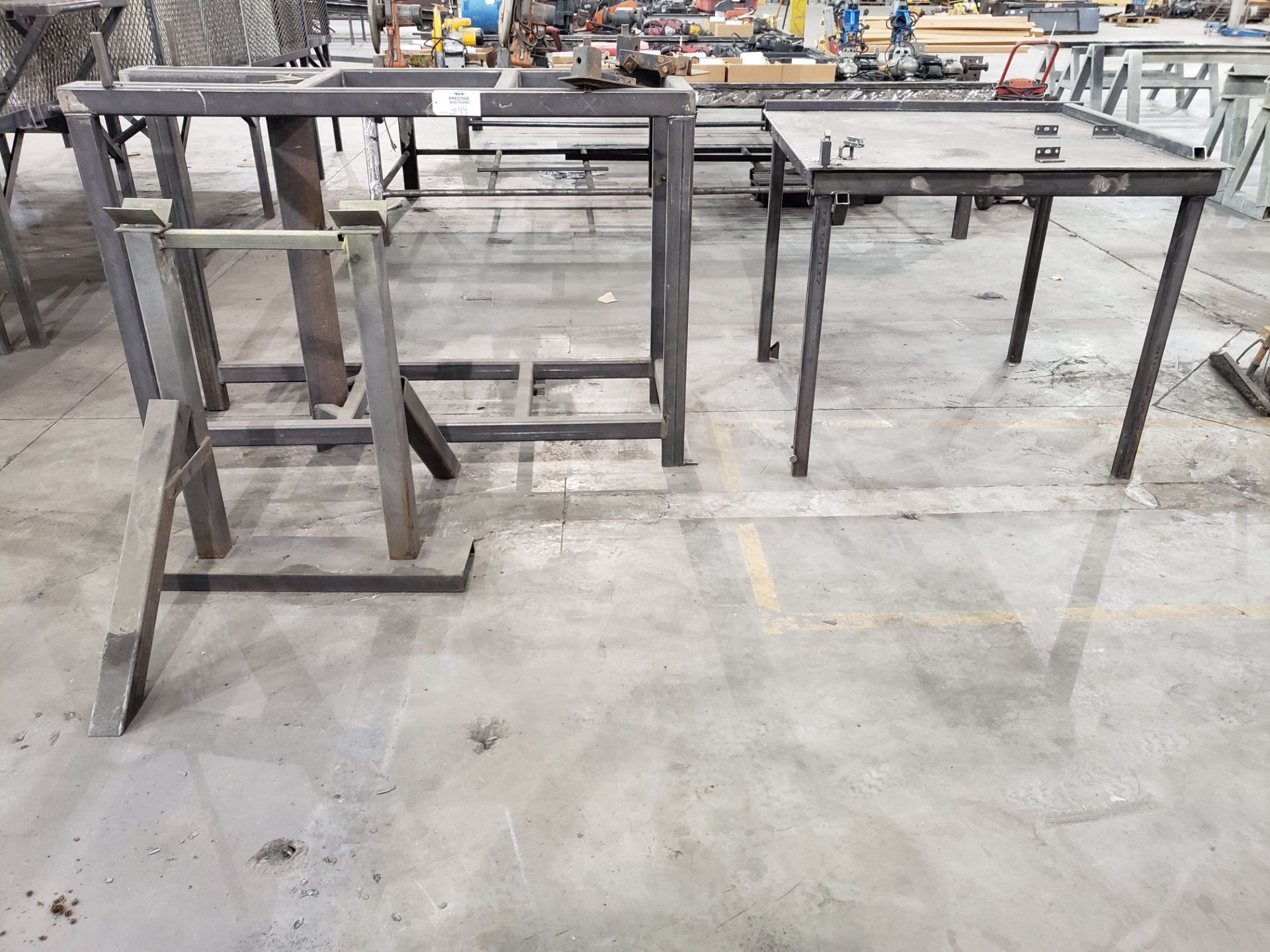 (2) Tubular Steel Work Stands & Steel Work Table