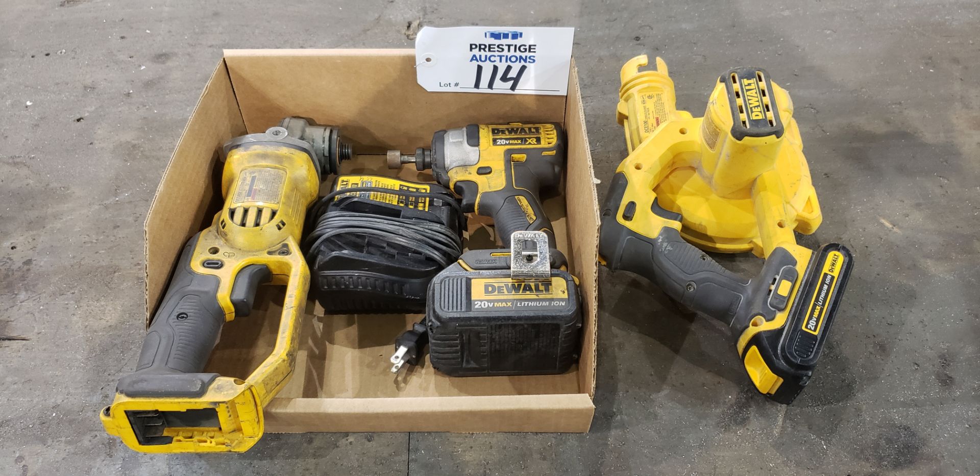 (1) DeWalt DCG412, 20V Cordless Grinder, (1) DCE100 20V Cordless Blower, (1) DCF887 1/4" , 20V Cord