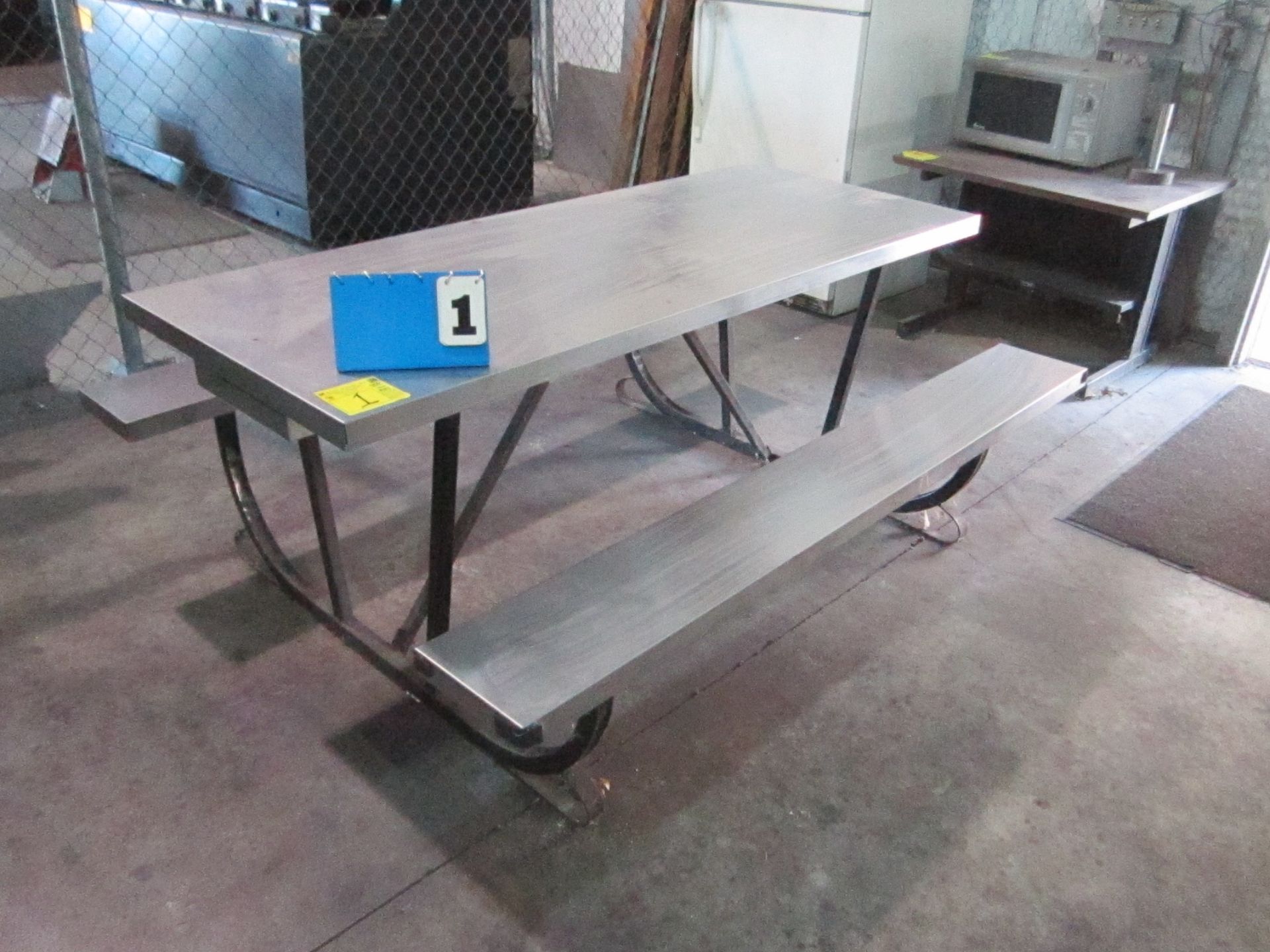 (2) PICNIC TABLES, MICROWAVE ON TABLE