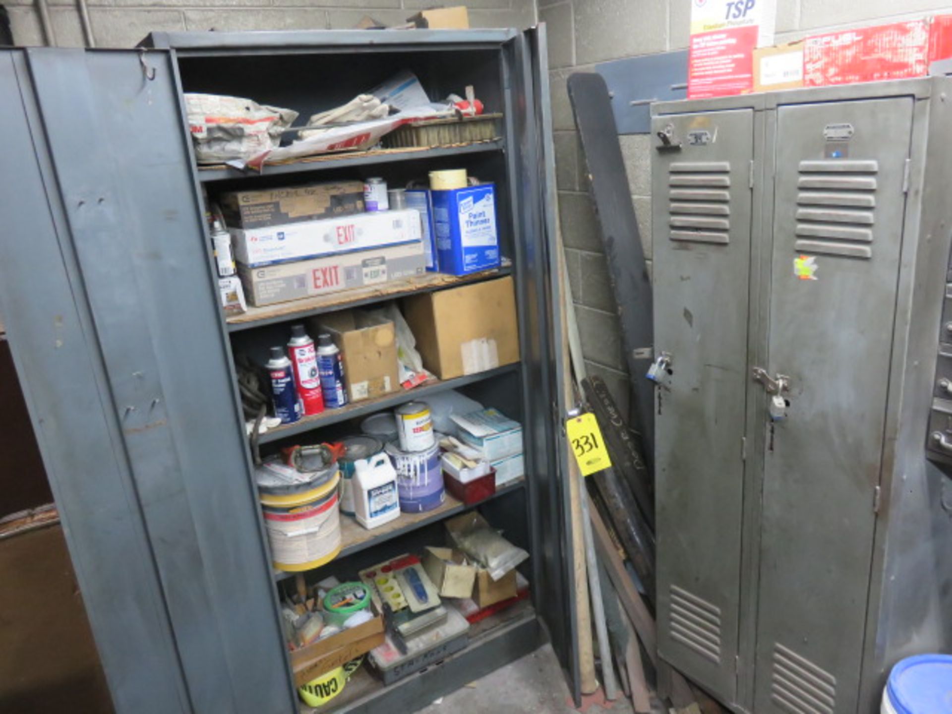 DOUBLE DOOR SUPPLY CABINET WITH CONTENTS, INCLUDING DOOR EXIT SIGNS AND GENERAL MAINTENANCE SUPPLIES