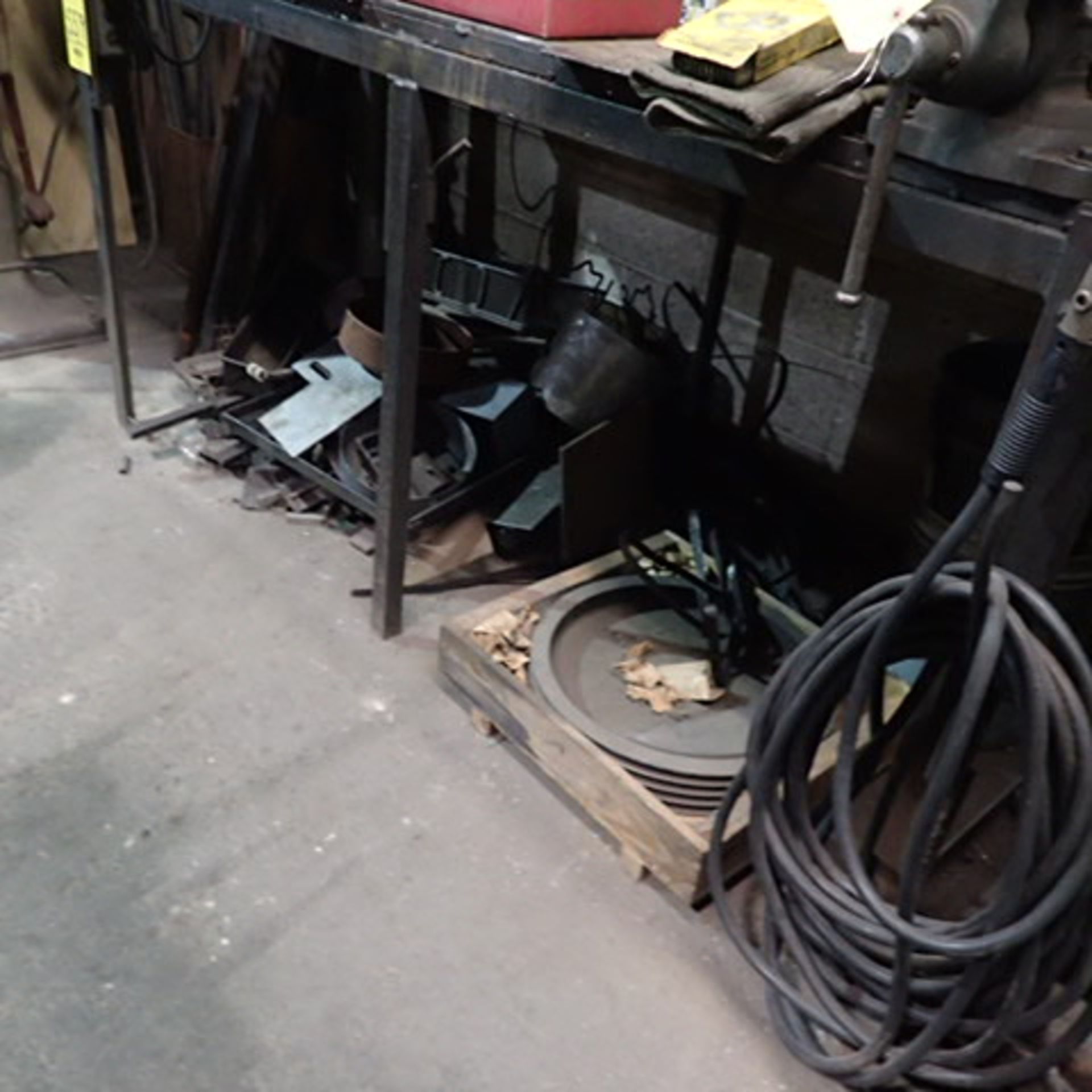 7 FT IRON WELDING TABLE WITH OVERHEAD LIGHT UNIT WITH (3) WELDING CURTAINS... - Image 2 of 2