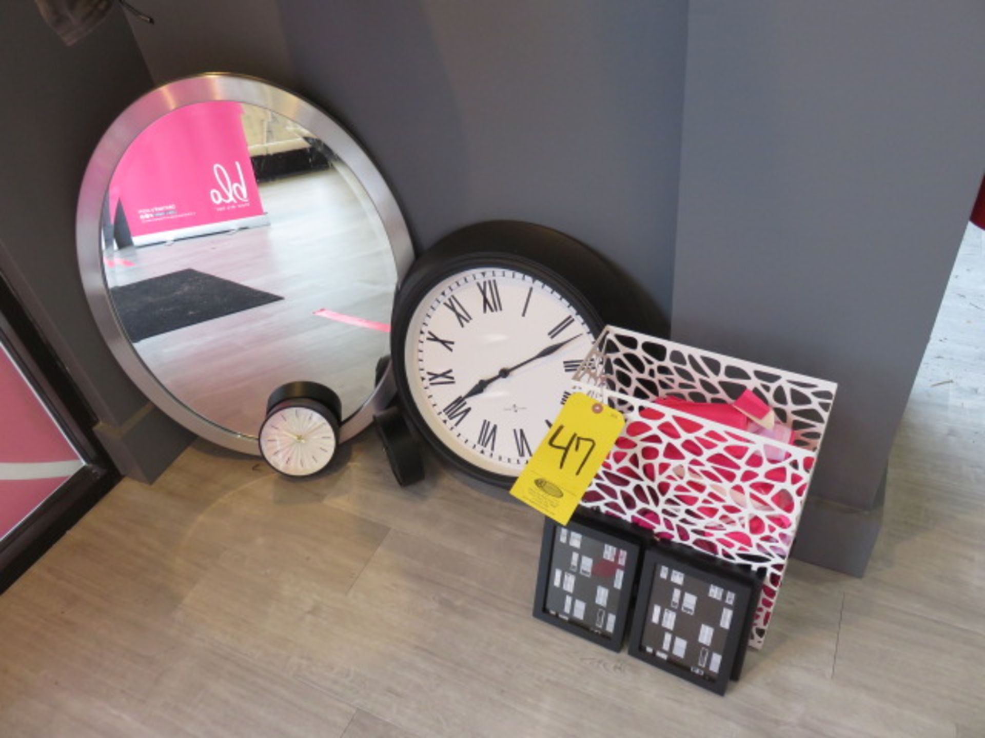 OVAL MIRROR, (2) CLOCKS, UMBRELLA STAND