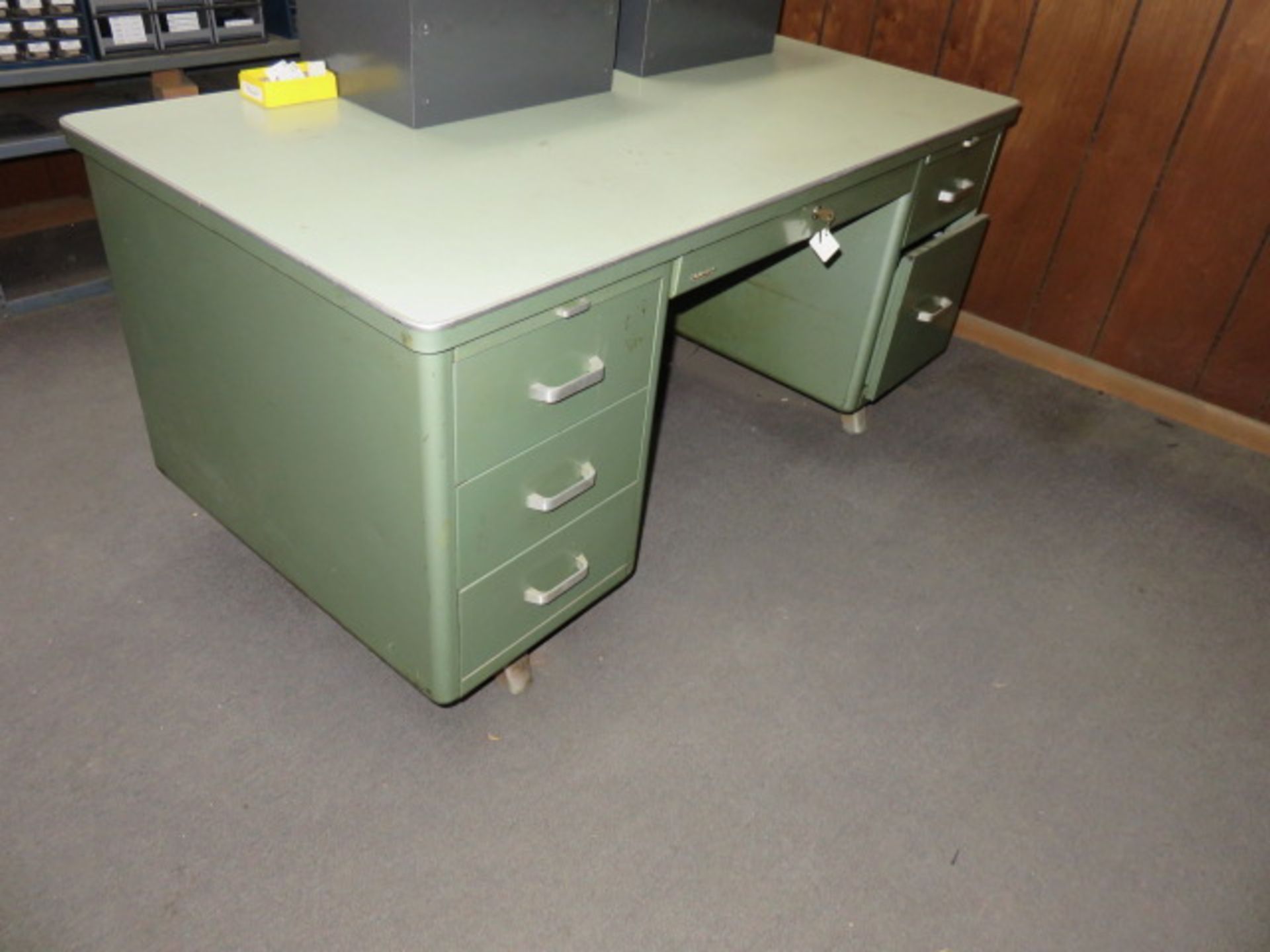 30 IN. X 60 IN. OLD STYLE METAL DESK, SINGLE PEDESTAL WOOD-LAMINATE DESK AND METAL DESK... - Image 2 of 2