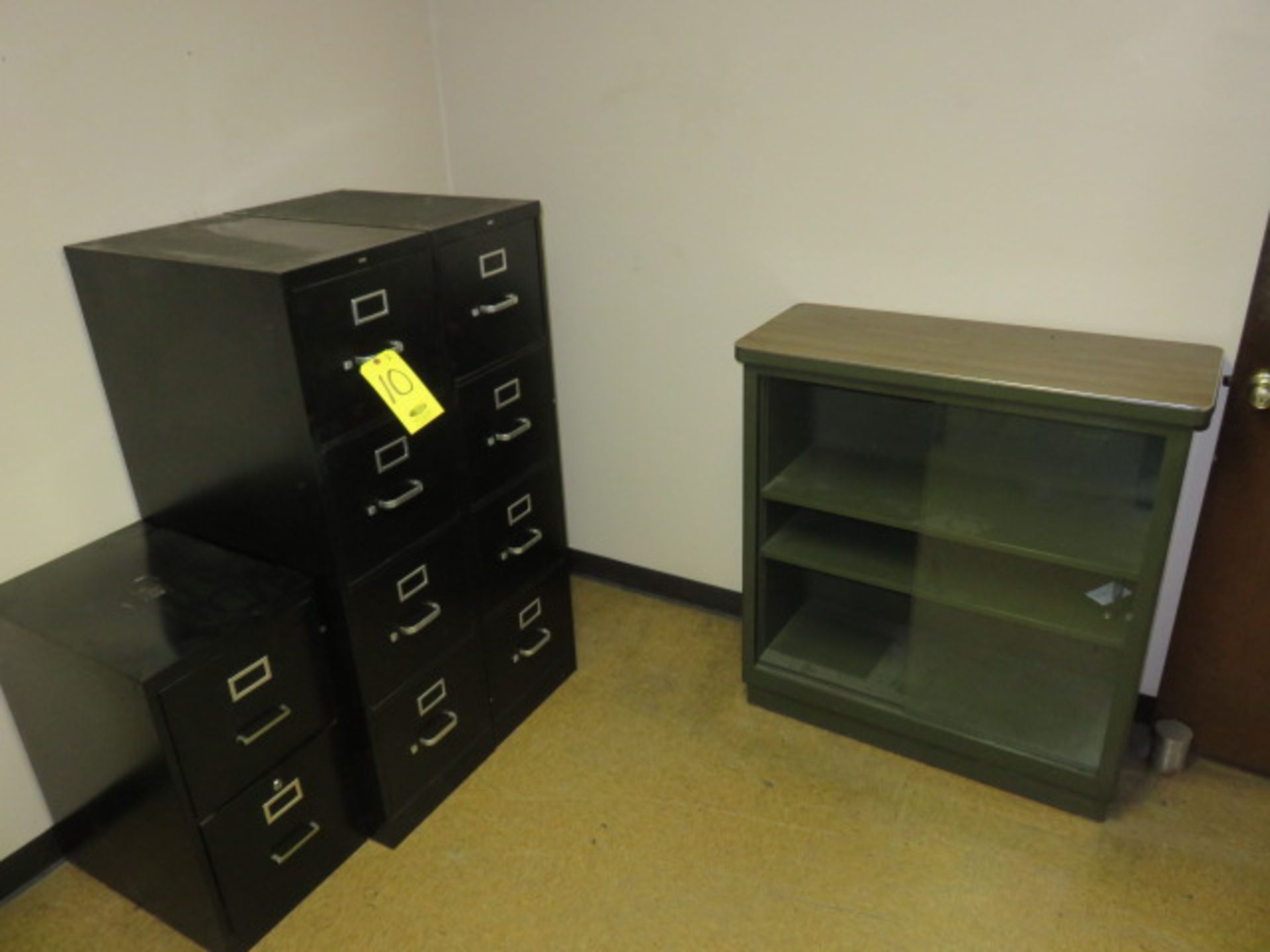 (2) 4-DR. AND (1) 2-DR. LETTER FILE CABINETS AND METAL BOOKCASE WITH SLIDING GLASS DOORS