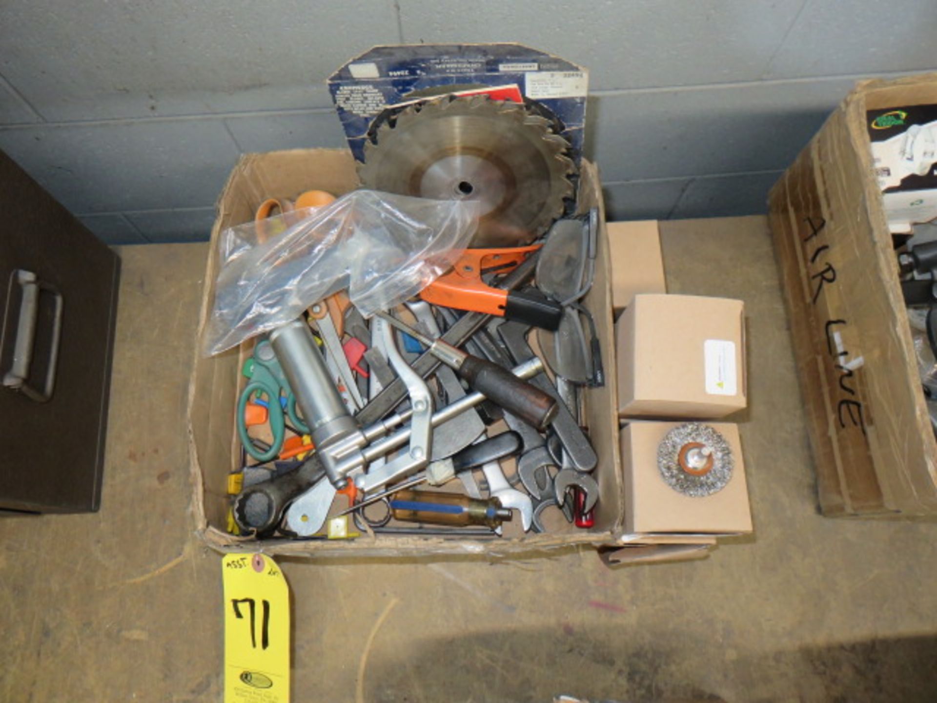 ASSORTED WRENCHES, TOOLS AND WIRE WHEELS