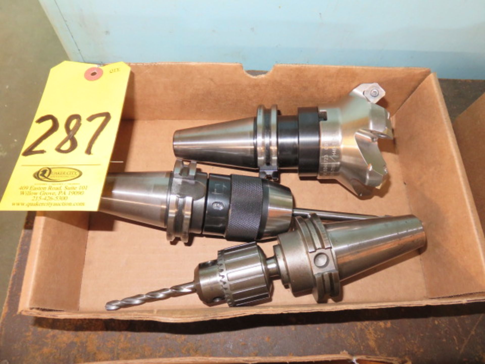 (3) CAT 40 TOOL HOLDERS WITH FACE MILL AND DRILL CHUCKS