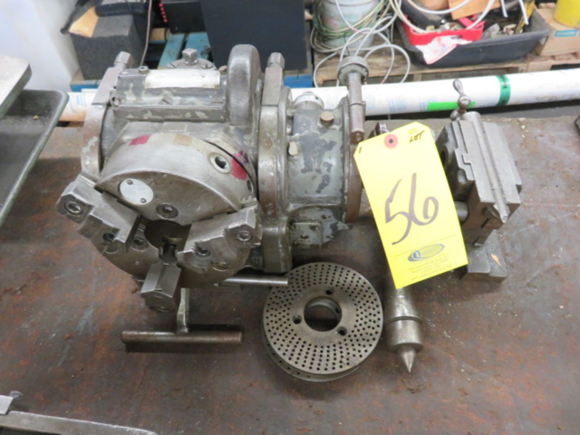 INDEXING HEAD WITH 6 IN. 3-JAW CHUCK, TAILSTOCK, INDEX PLATES AND CENTER