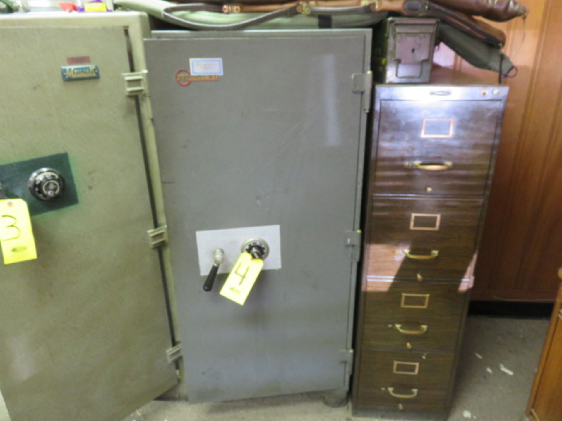 26 IN. X 58 IN. X 28 IN. (OD) MOSLER SINGLE DOOR FIREPROOF SAFE (20 IN. X 48 IN.- INSIDE DIMENSIONS)