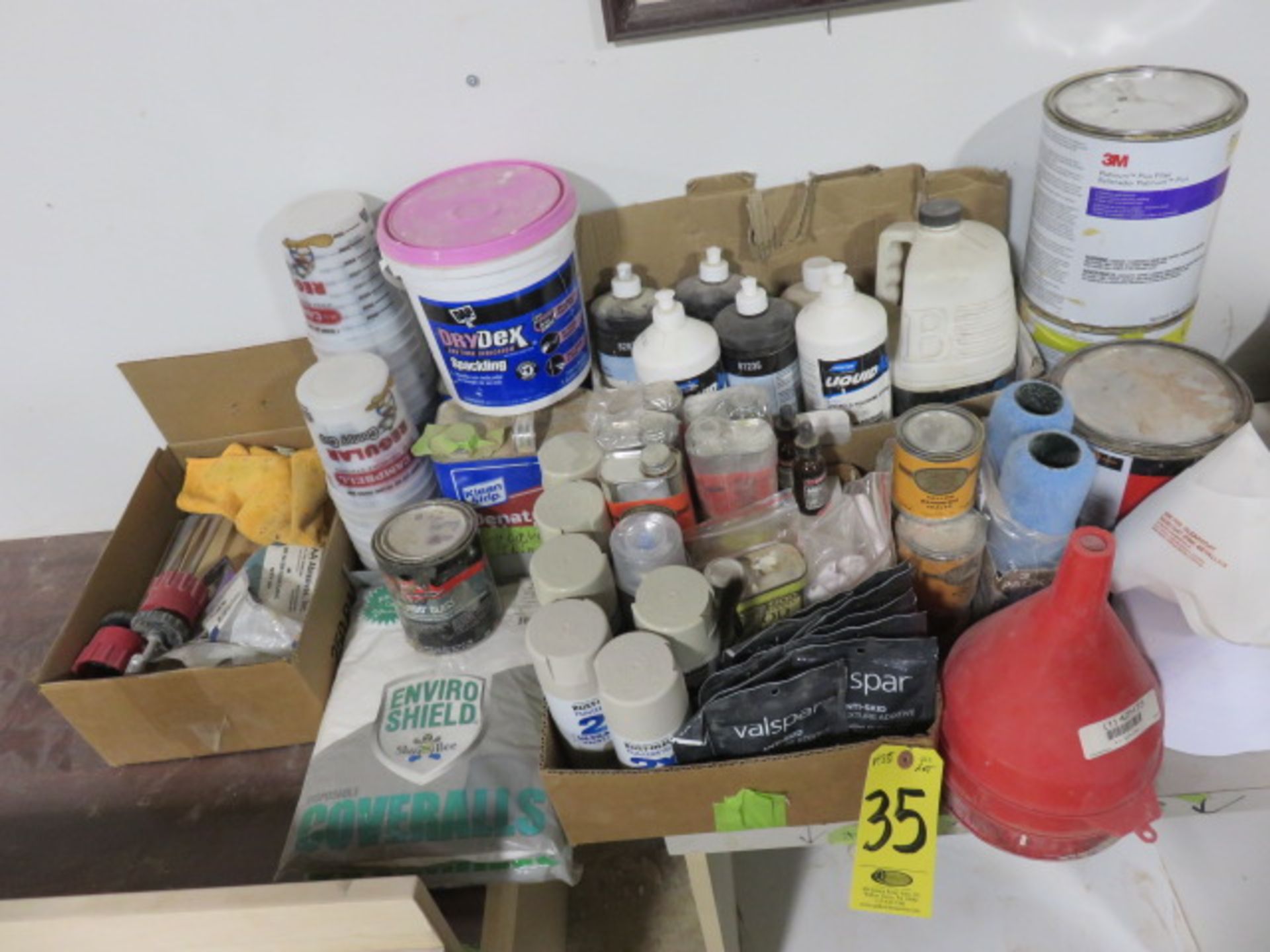 SPRAY PAINT, THINNER, SPACKLING, FILLER AND FILTERS, OILS AND LUBES, (2) COVERALLS