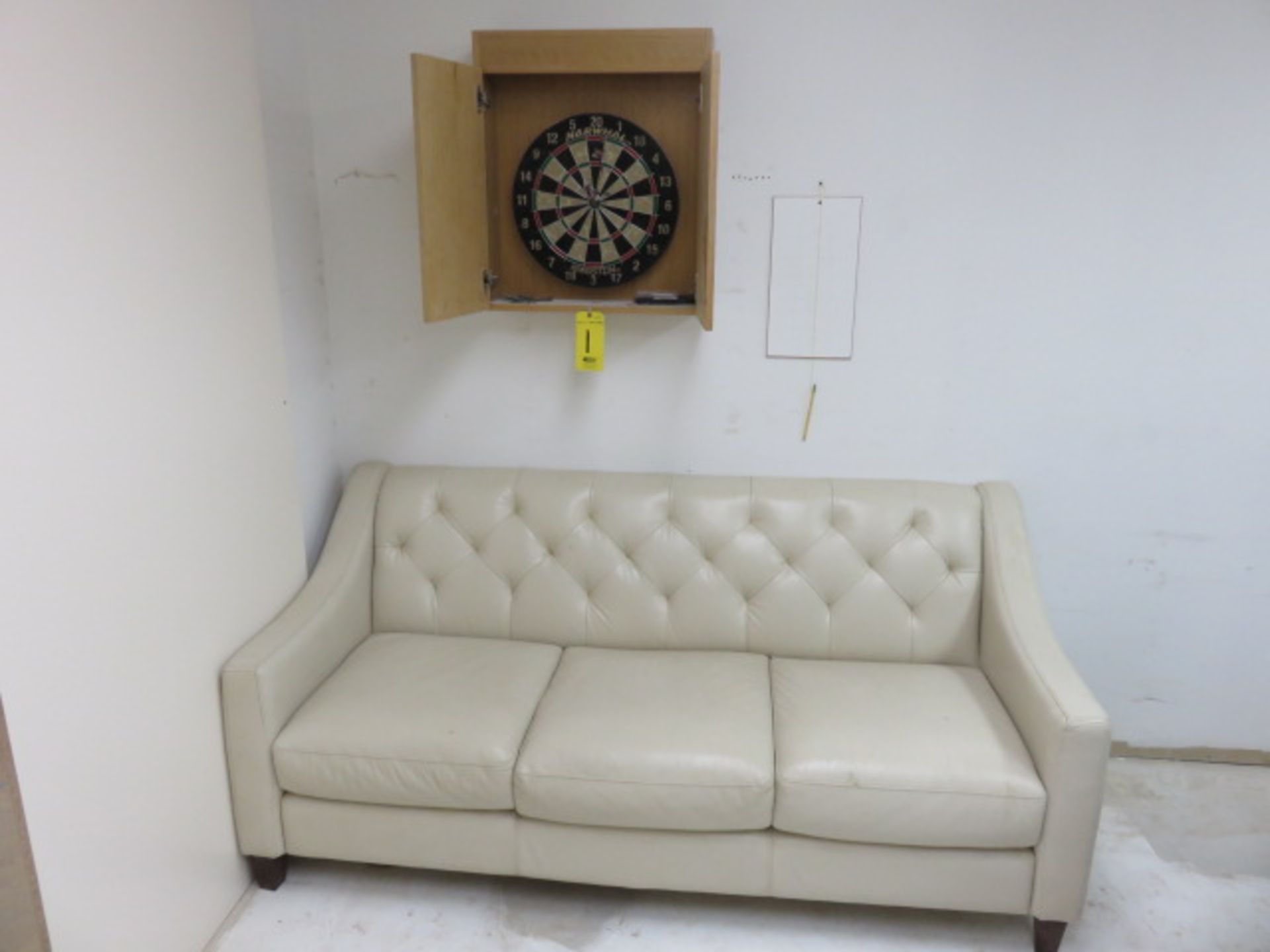 DART BOARD, CABINET AND COUCH