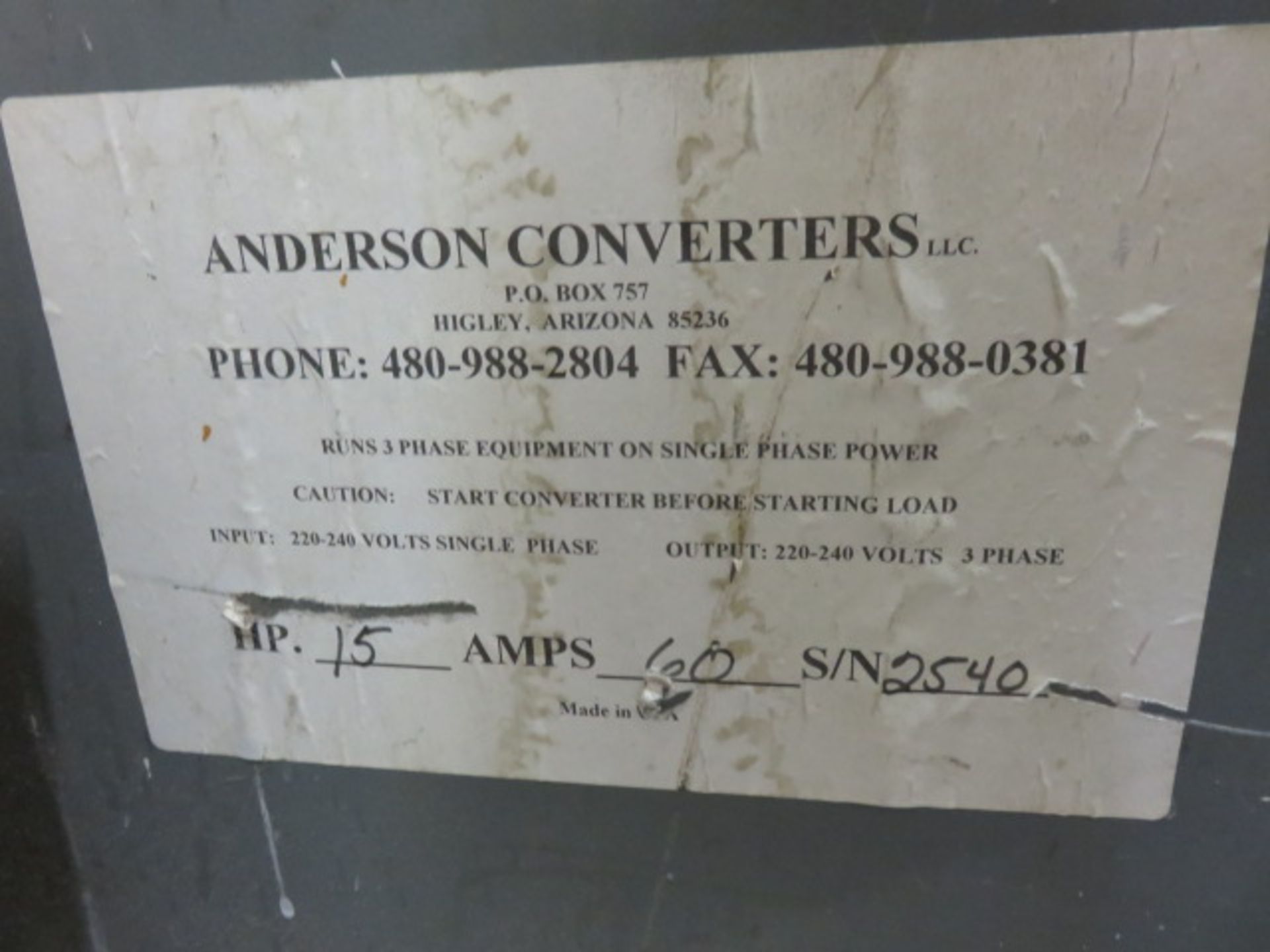 ANDERSON PHASE CONVERTOR 15HP CONVERTS 3-PHASE TO SINGLE PHASE - Image 2 of 2