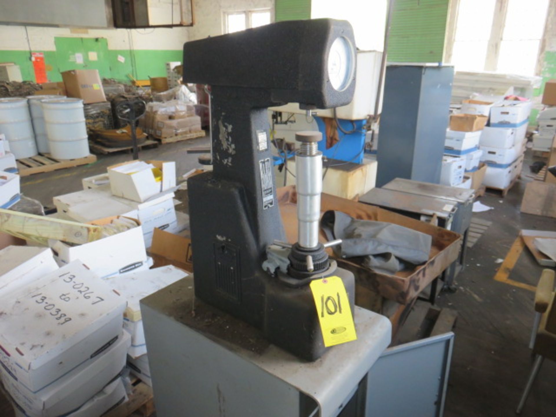 WILSON ROCKWELL 4TY HARDNESS TESTER, WEIGHTS AND CABINET, (NO DIAMOND TIP)