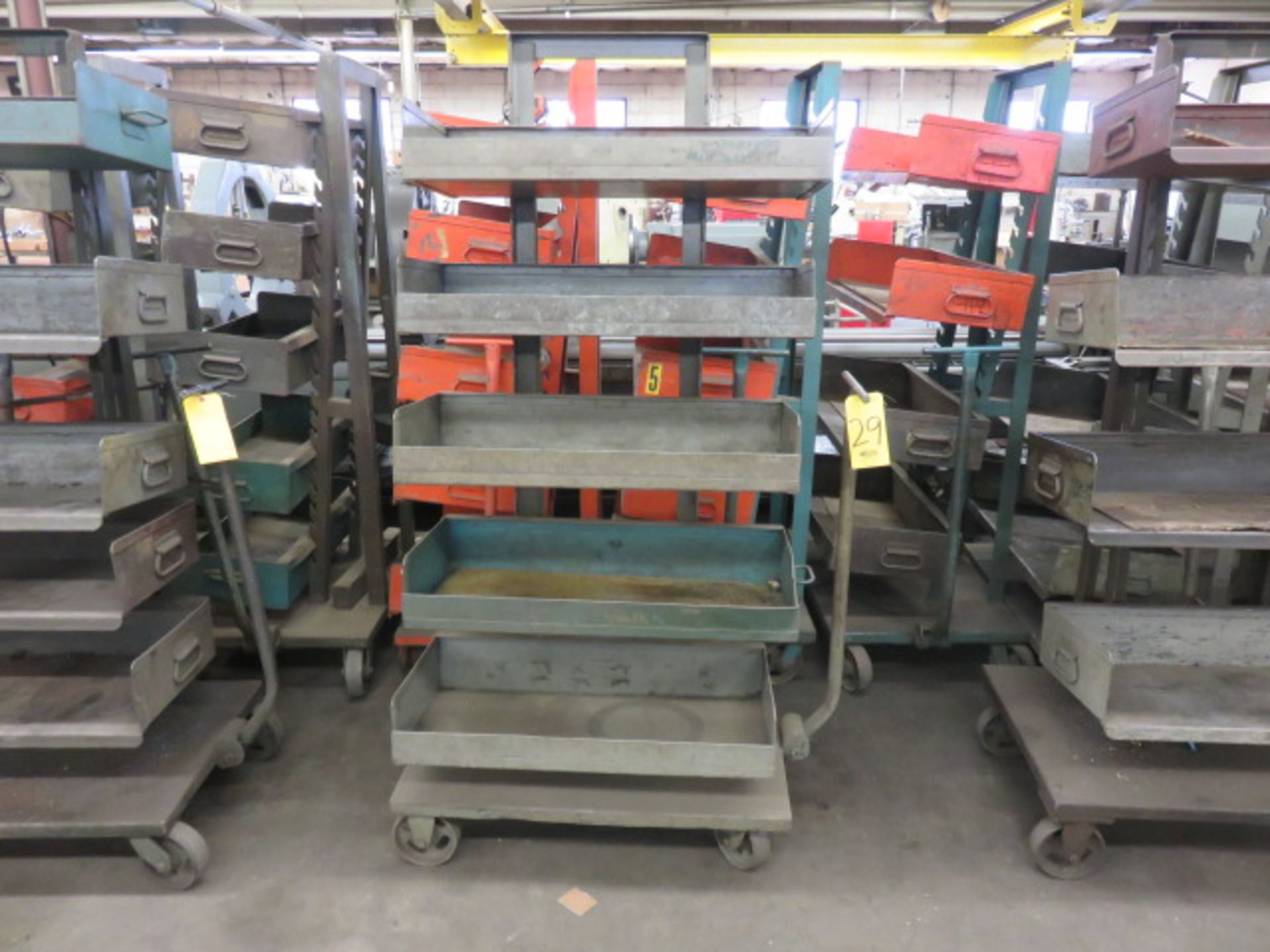 (3) RACK ENGINEERING CARTS WITH 5/ADJ. SHELVES PER CART AND STEERING HANDLE