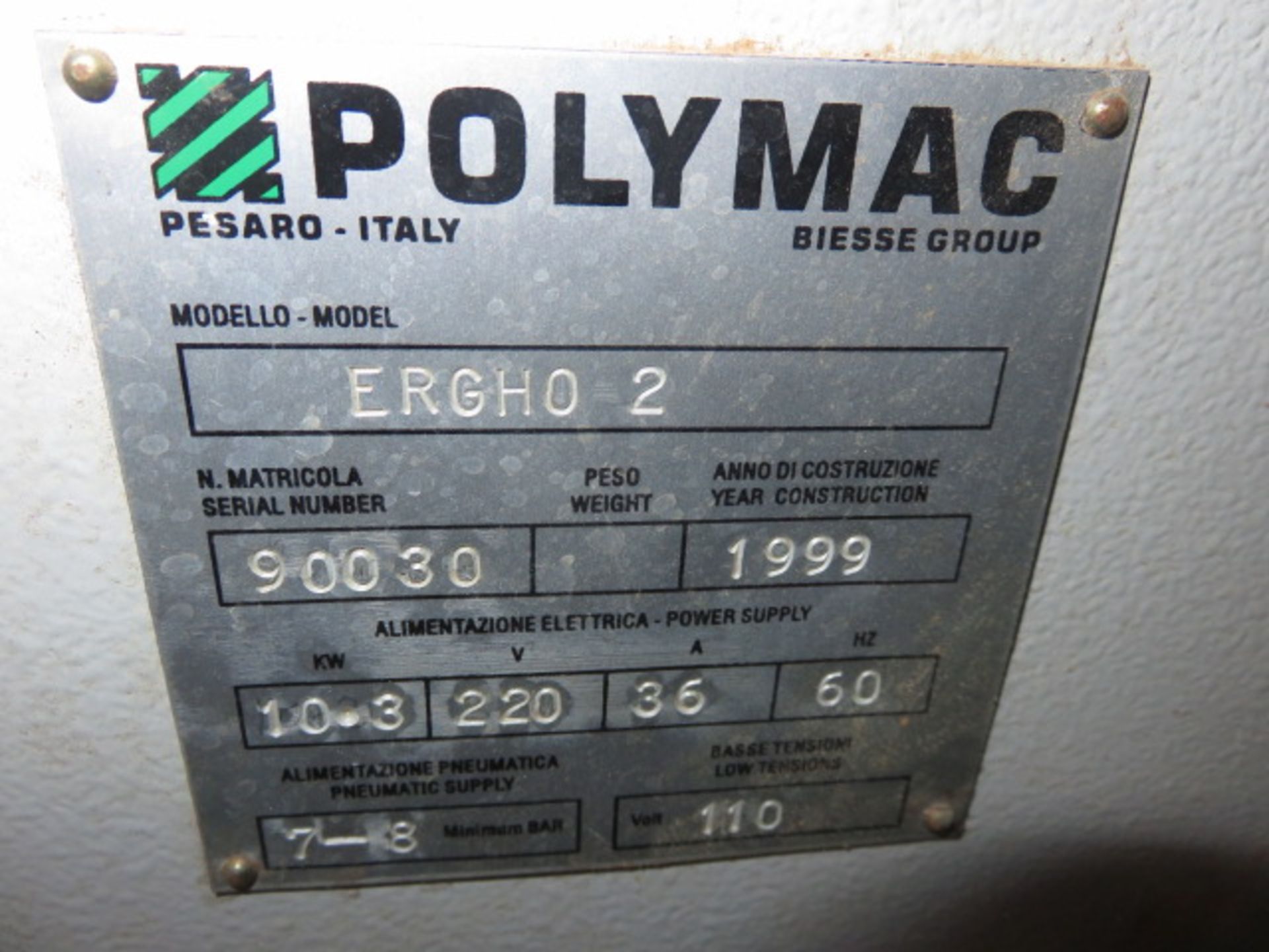 1999 BIESSE POLYMAC ERGHO 2 SINGLE SIDED EDGE BANDER, S/N 90030, UNIOP CONTROL, 15 mm (5/8) Cap... - Image 5 of 9
