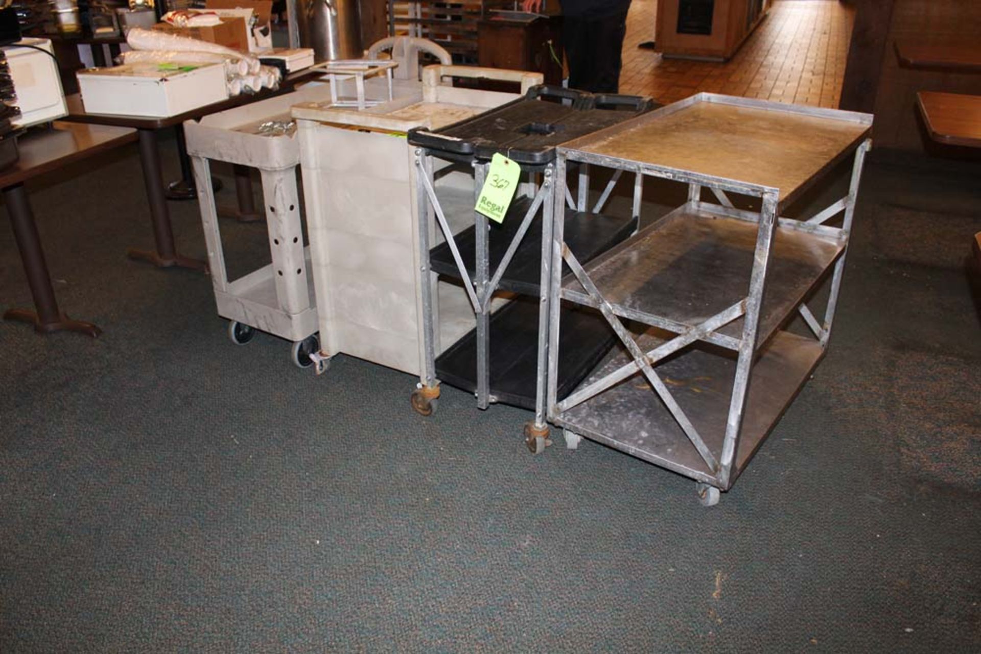 (3) Plastic Hand Carts, (1) Stainless Steel Cart