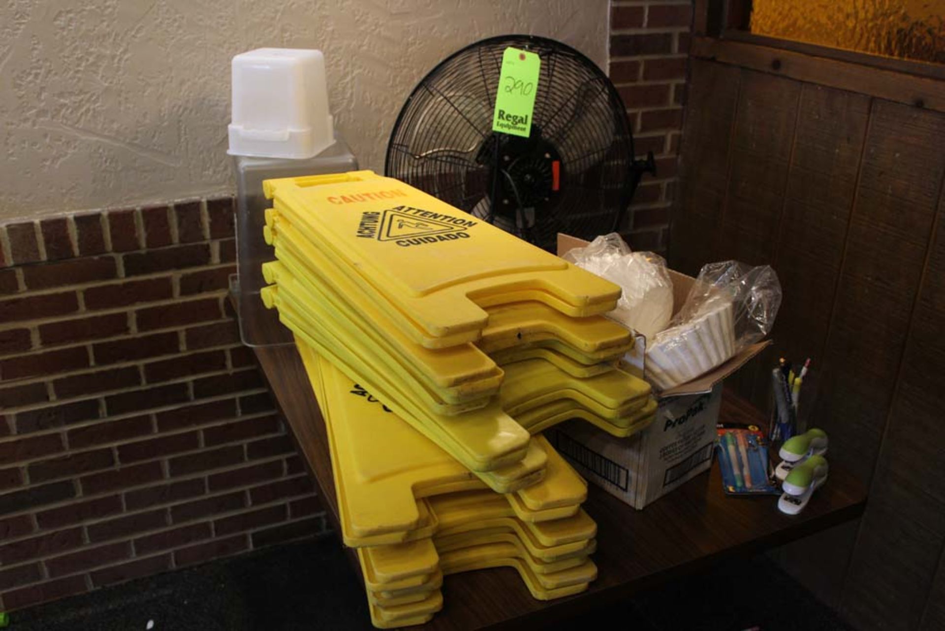 (10) Caution Slick Floor, Coffee Filters, Office Supply, Plastic Containers, Electric Fan