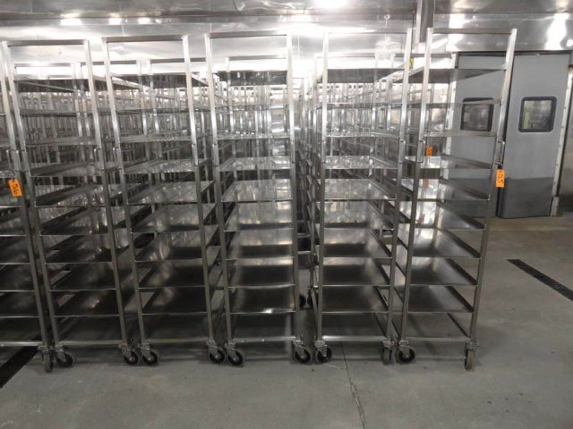 (5) STAINLESS STEEL RACKS, (9) SOLID SHELVES, 18" X 32" 79" HIGH