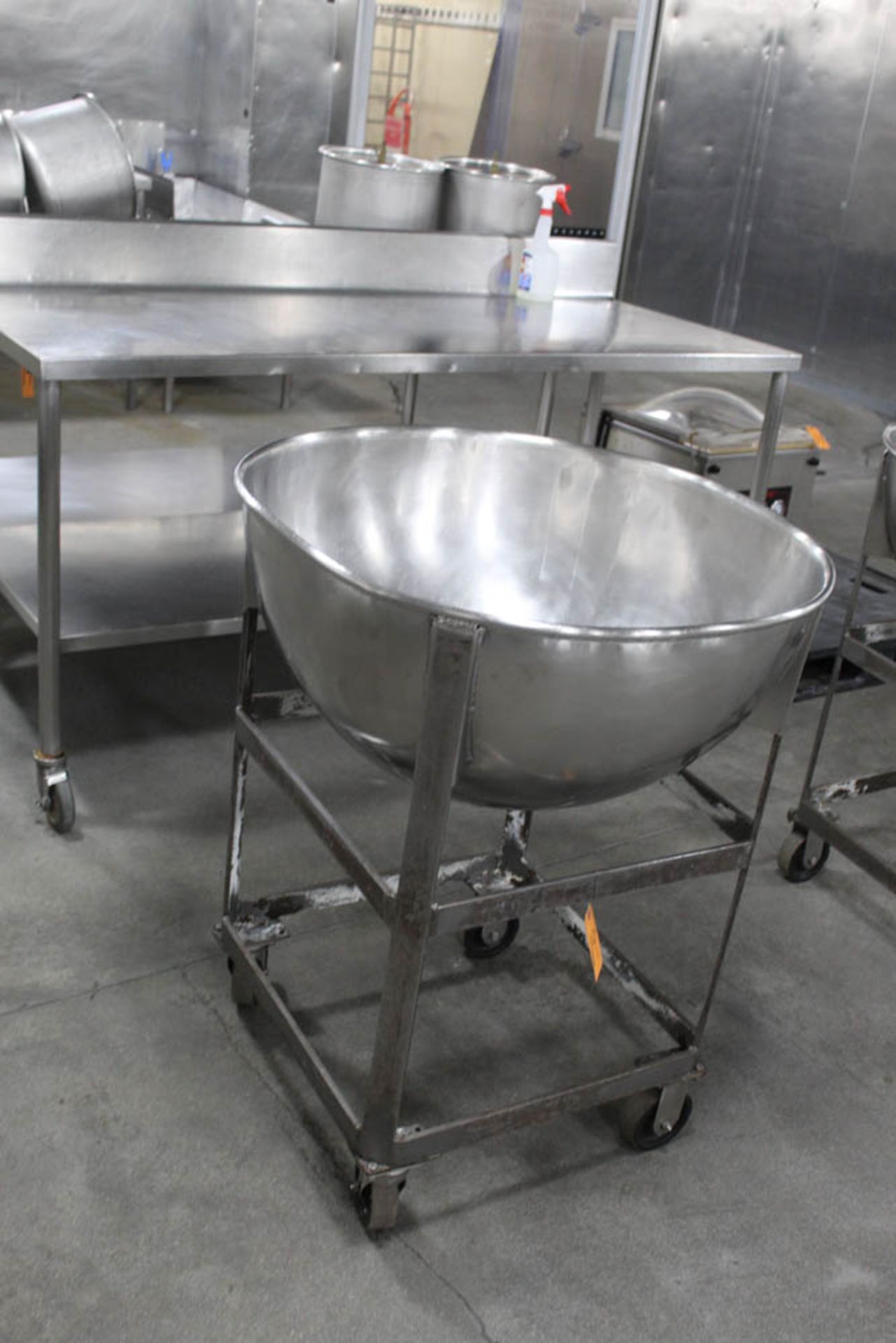 S/S MIXING BOWLS ON MILD STEEL PORTABLE FRAME. 28" X 15" DEEP