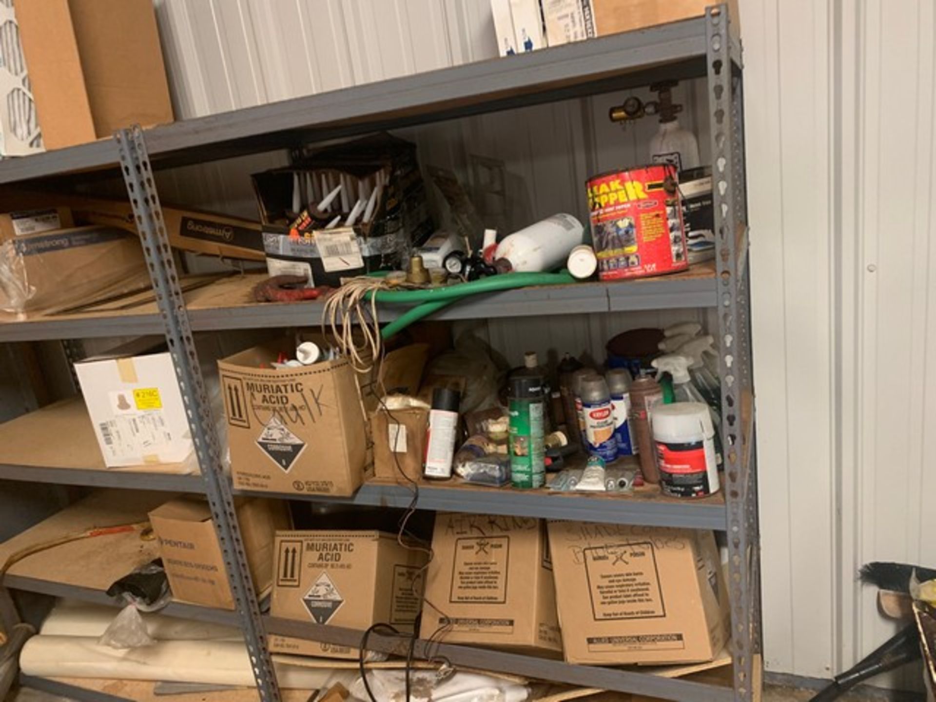 LOT ASSORTED CHEMICALS, SUPPLIES, CAULKING, TARPS, ETC (ON 3 SECTIONS SHELVING) - Image 4 of 5