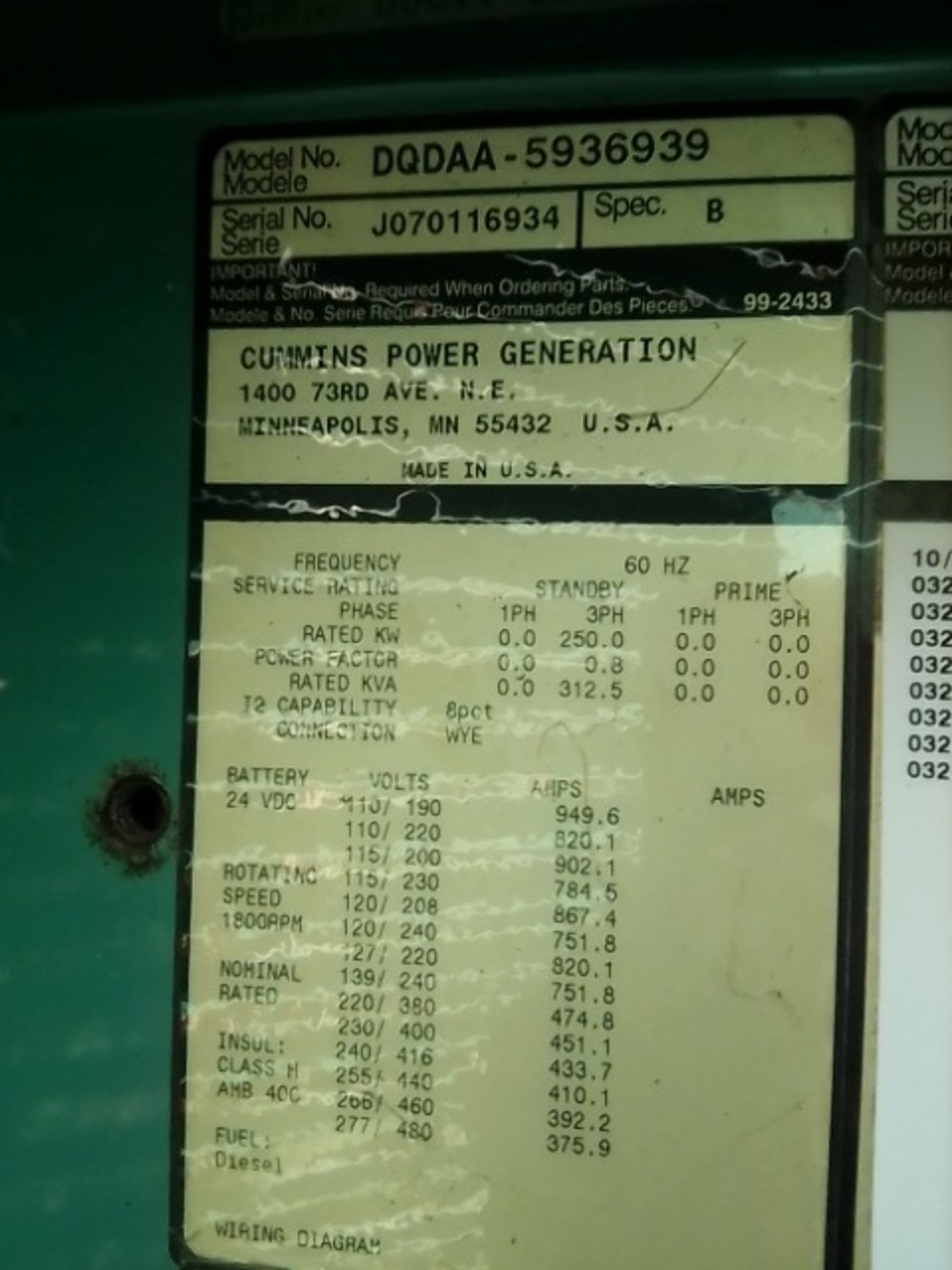 2007 CUMMINS 250KW POWER GENERATOR - Image 11 of 12