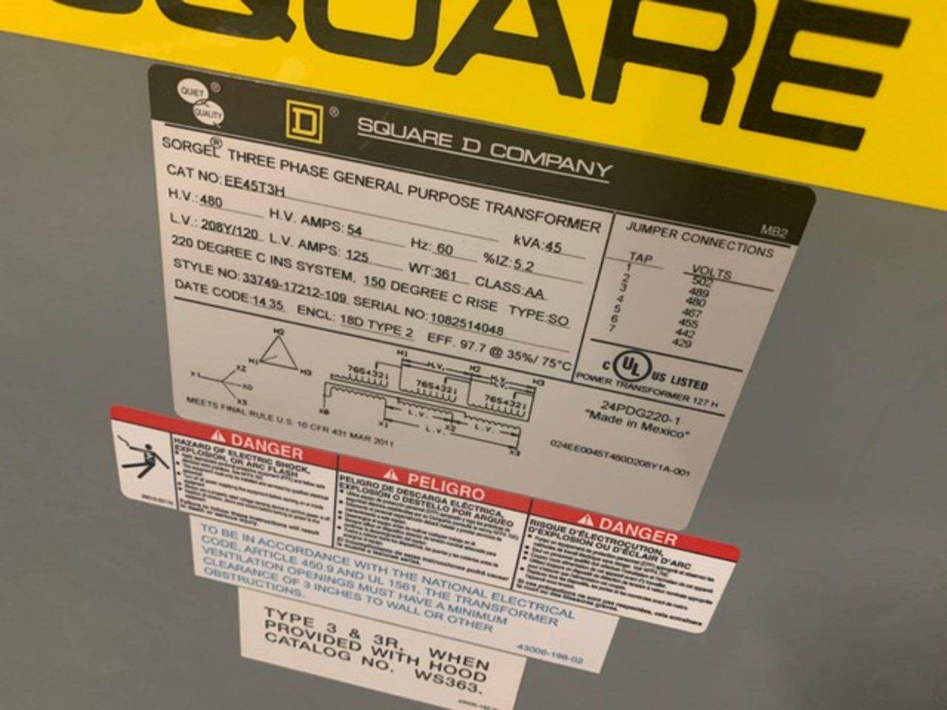 SORGEL SQUARE D EE45T3H 3-PHASE TRANSFORMER - Image 2 of 2