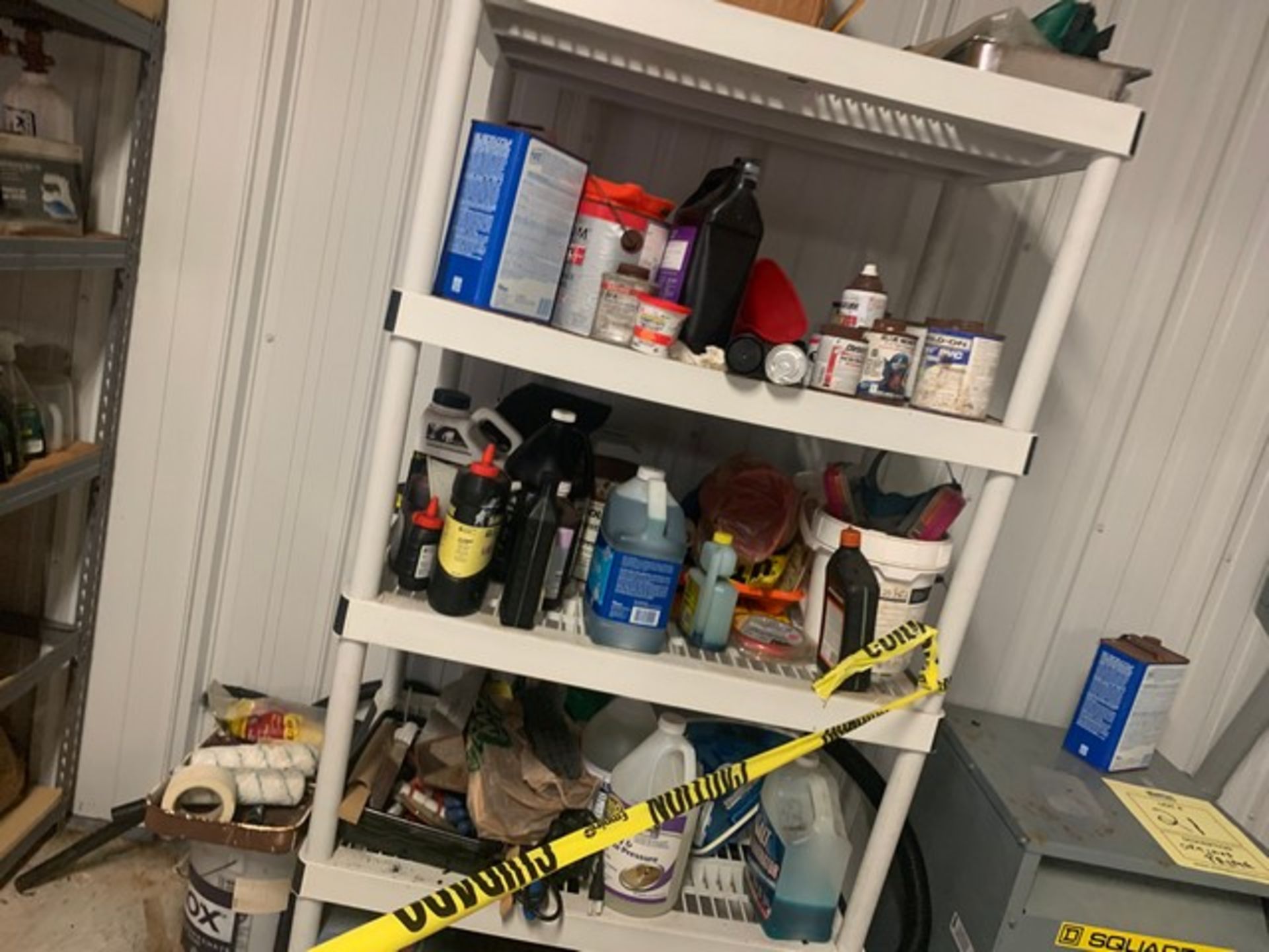 LOT ASSORTED CHEMICALS, SUPPLIES, CAULKING, TARPS, ETC (ON 3 SECTIONS SHELVING) - Image 2 of 5
