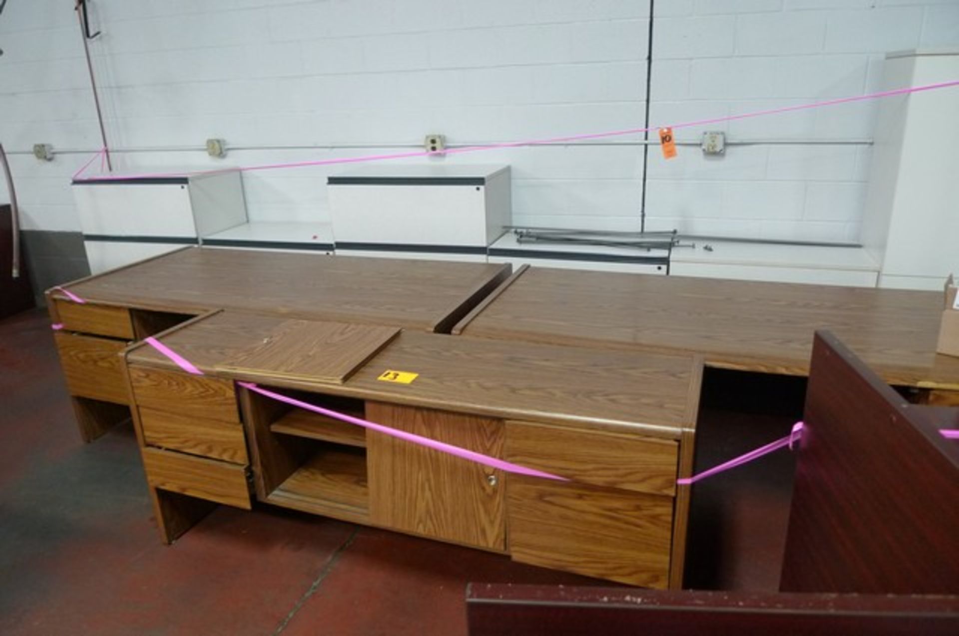 LOT: (2) OAK LAMINATE DESKS W/ CREDENZA