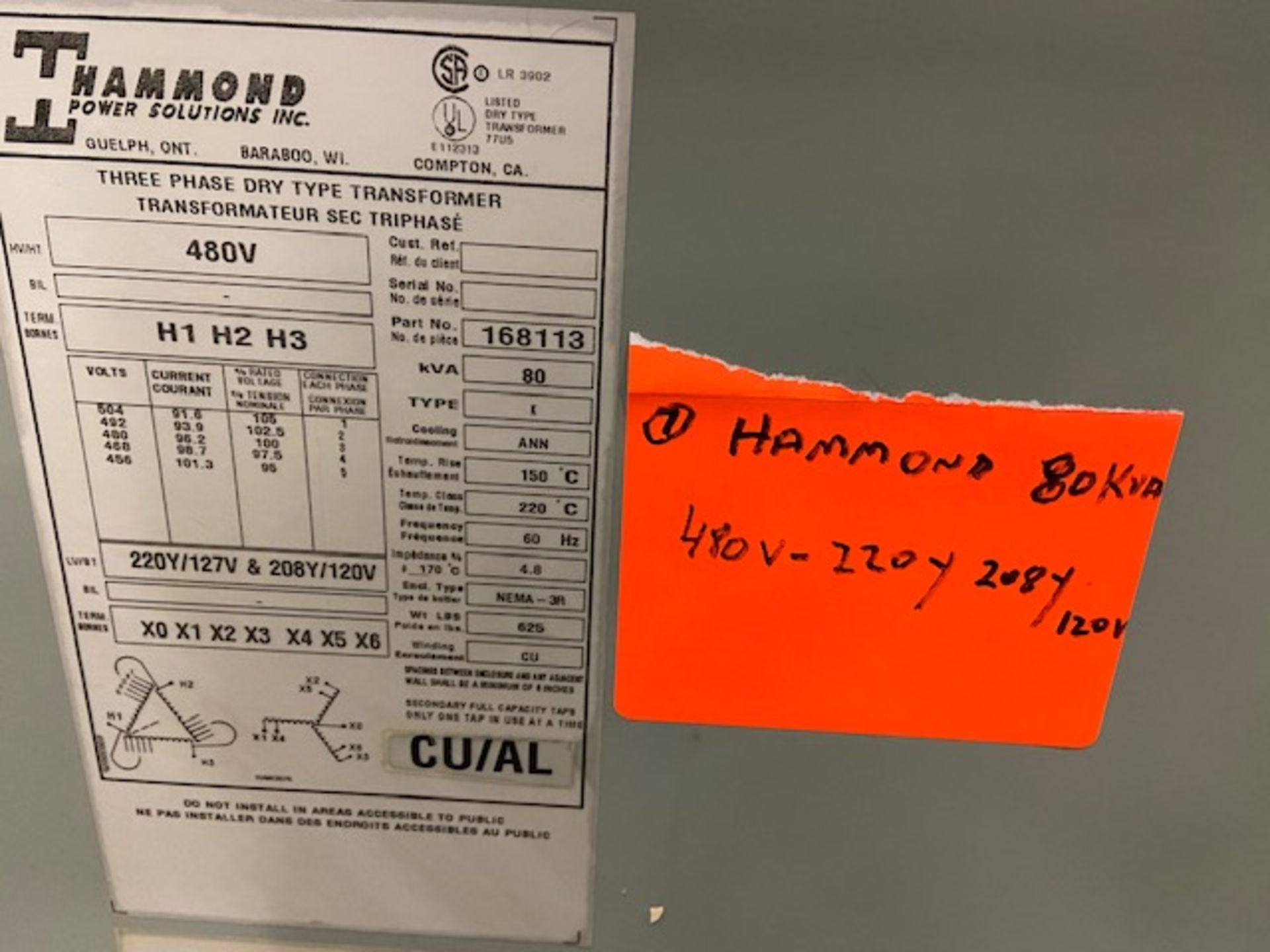 Hammond Electrical Transformer 80 KVA 480-220Y/208Y/120V - Image 2 of 2