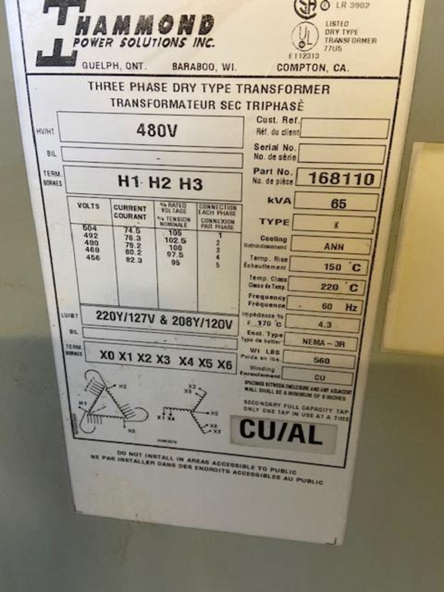 Hammond Electrical Transformer 65 KVA 3 phase 480V 220Y/127V 208Y/120V