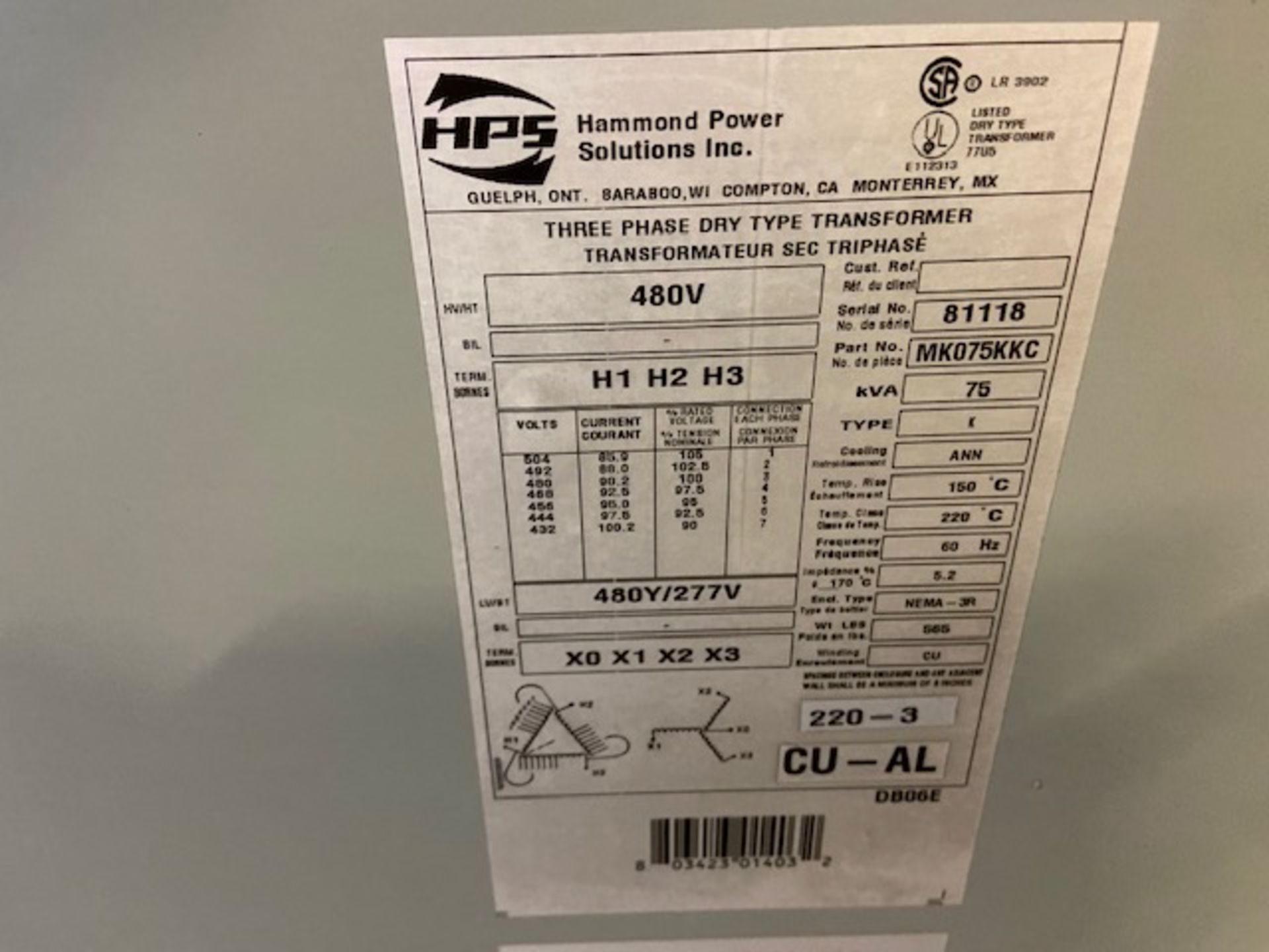 Hammond Electrical Transformer 75KVA 480/277V 3 phase - Image 2 of 2