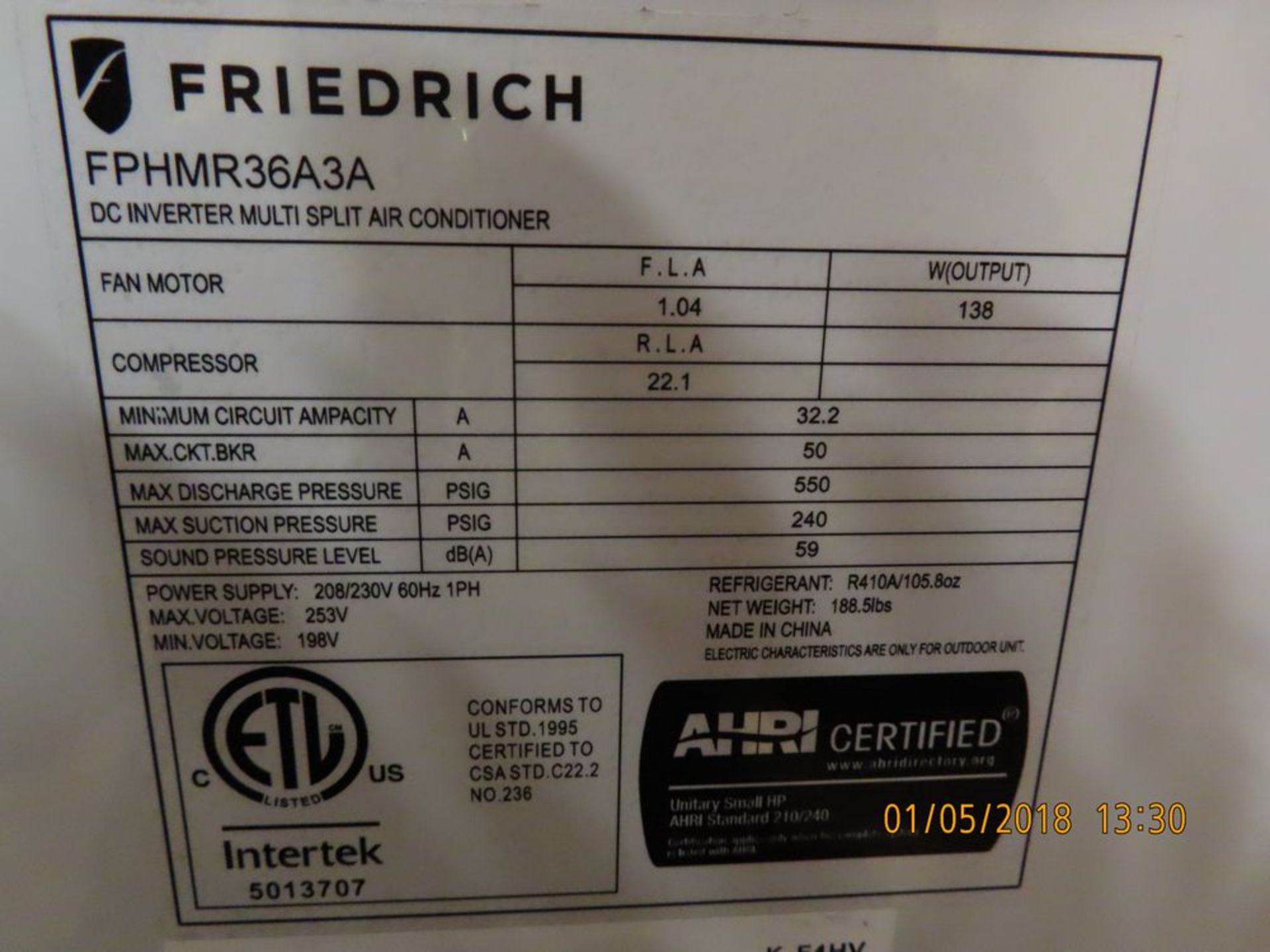 Friedrich mod. FPHMR6A3A, Ductless Split System w/ 1 Wall Unit - Image 2 of 3