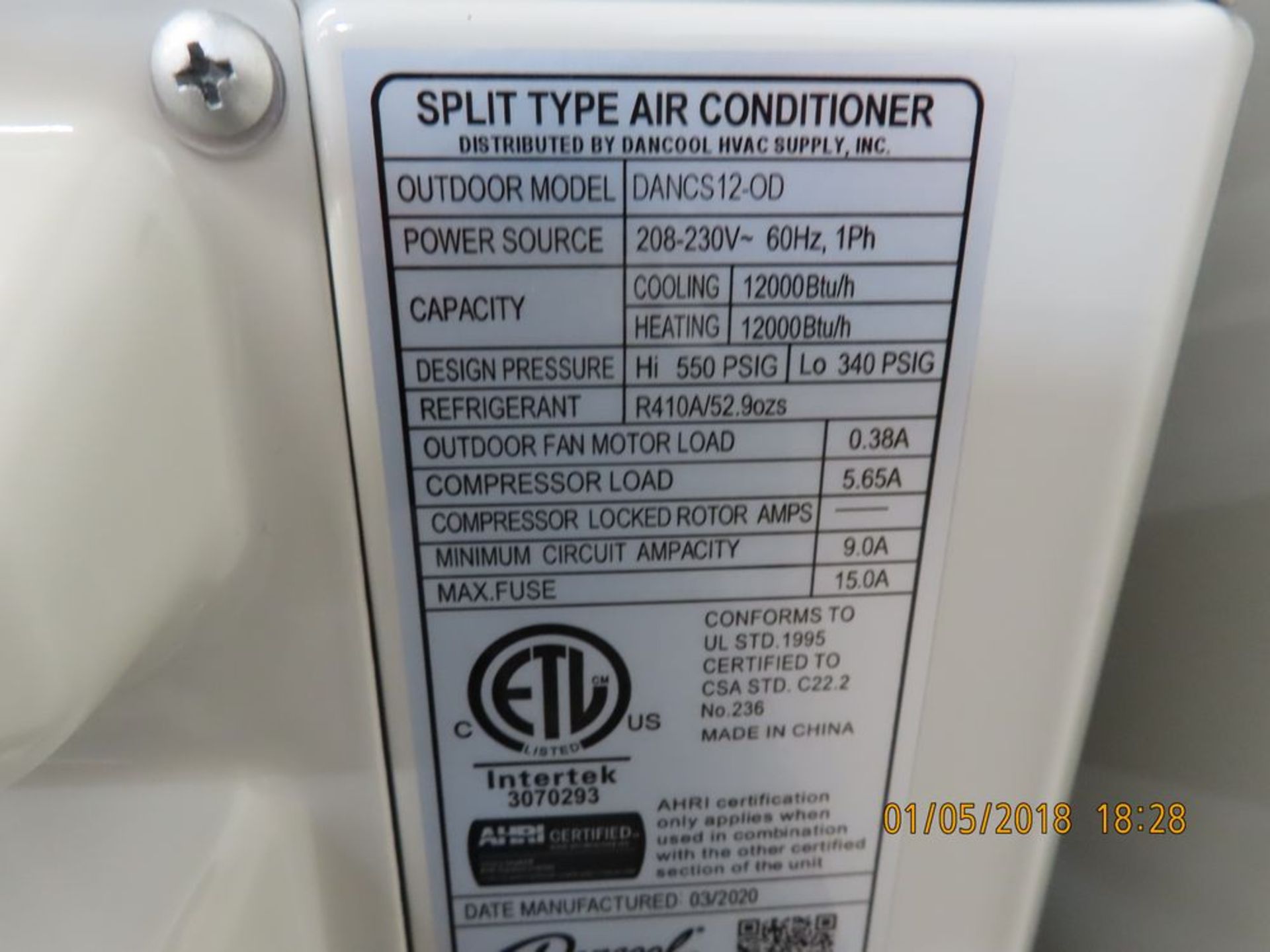 (Lot) Dancool mod. Dancs 12-OD, Split Type A/C Unit - Image 2 of 2