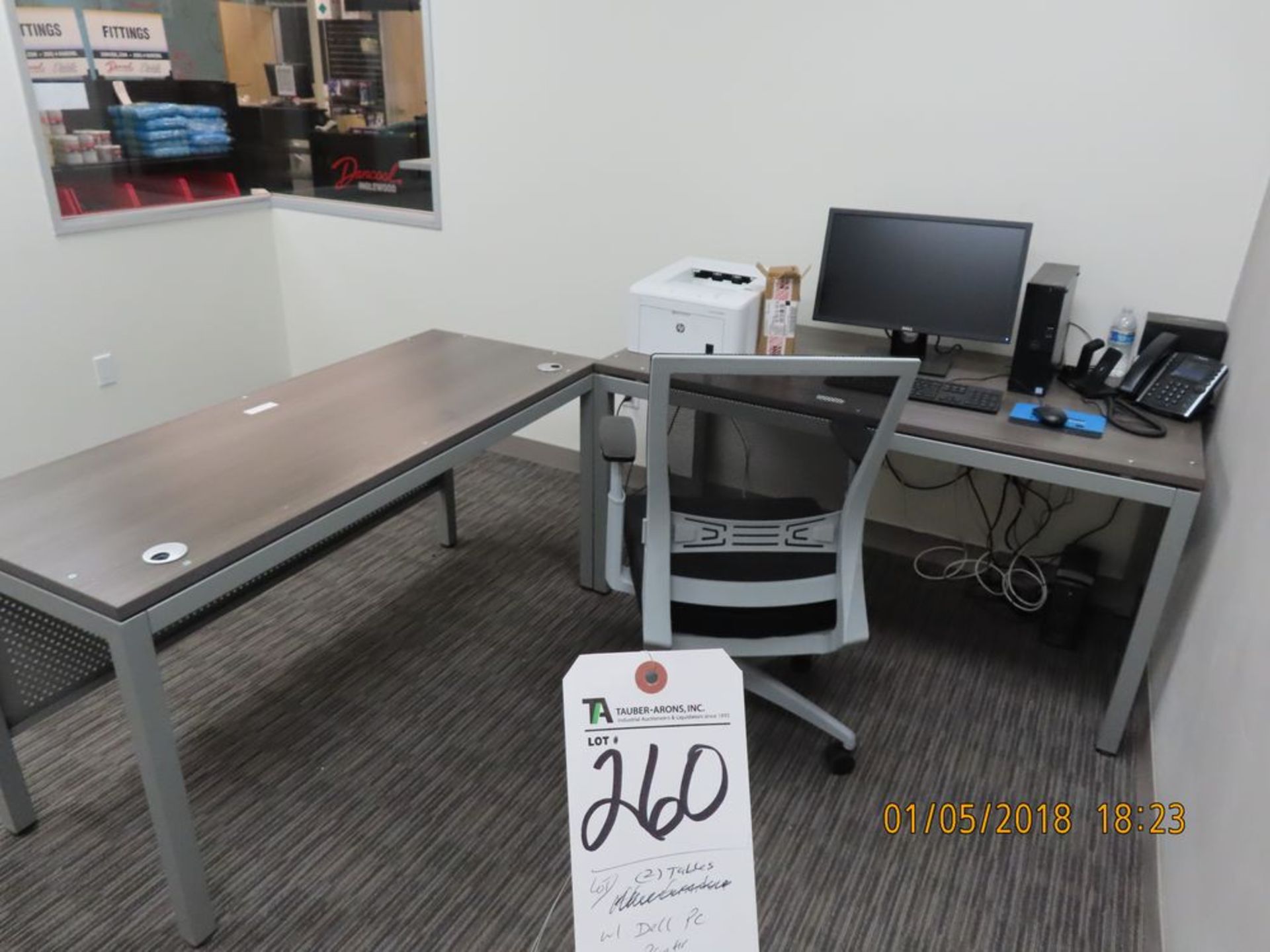 (Lot) (2) Tables w/ Dell PC & HP Printer