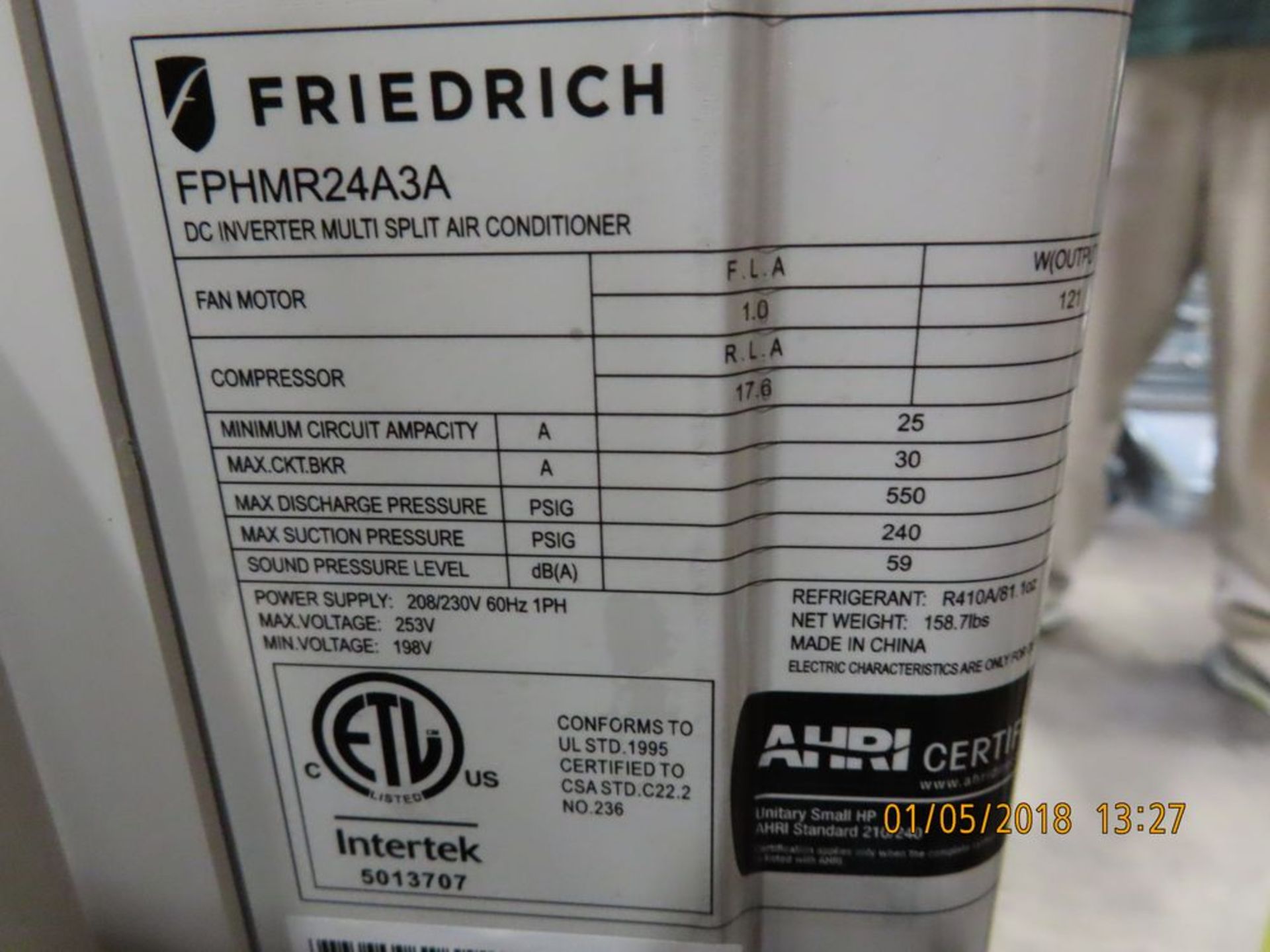 Friedrich mod. FPHM24A3A, Ductless Split System w/ 1 Wall Unit - Image 2 of 3