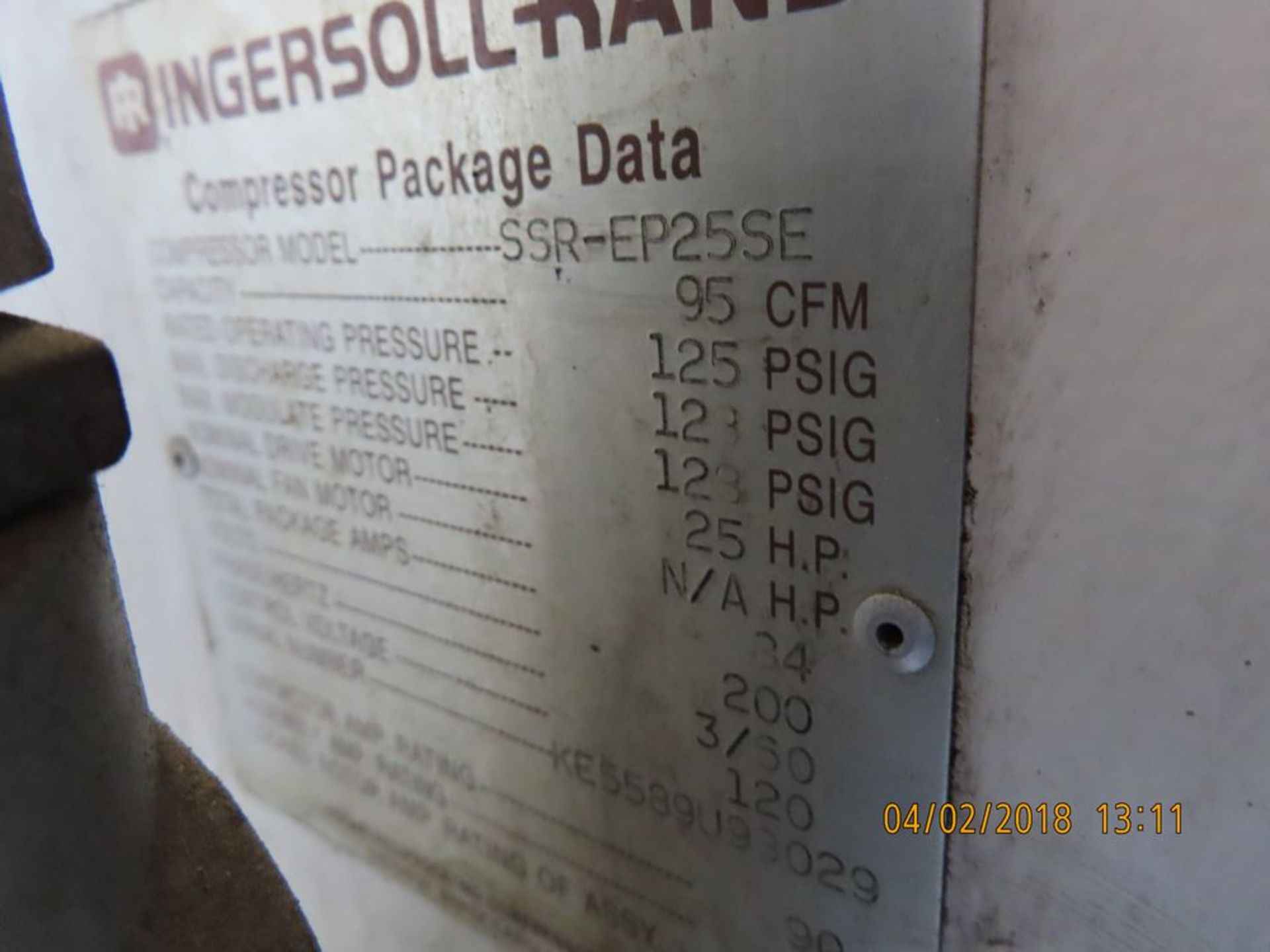 IR mod. SSREP25SE, 25hp Rotary Screw Air Compressor Hrs: 58,730 - Image 3 of 3