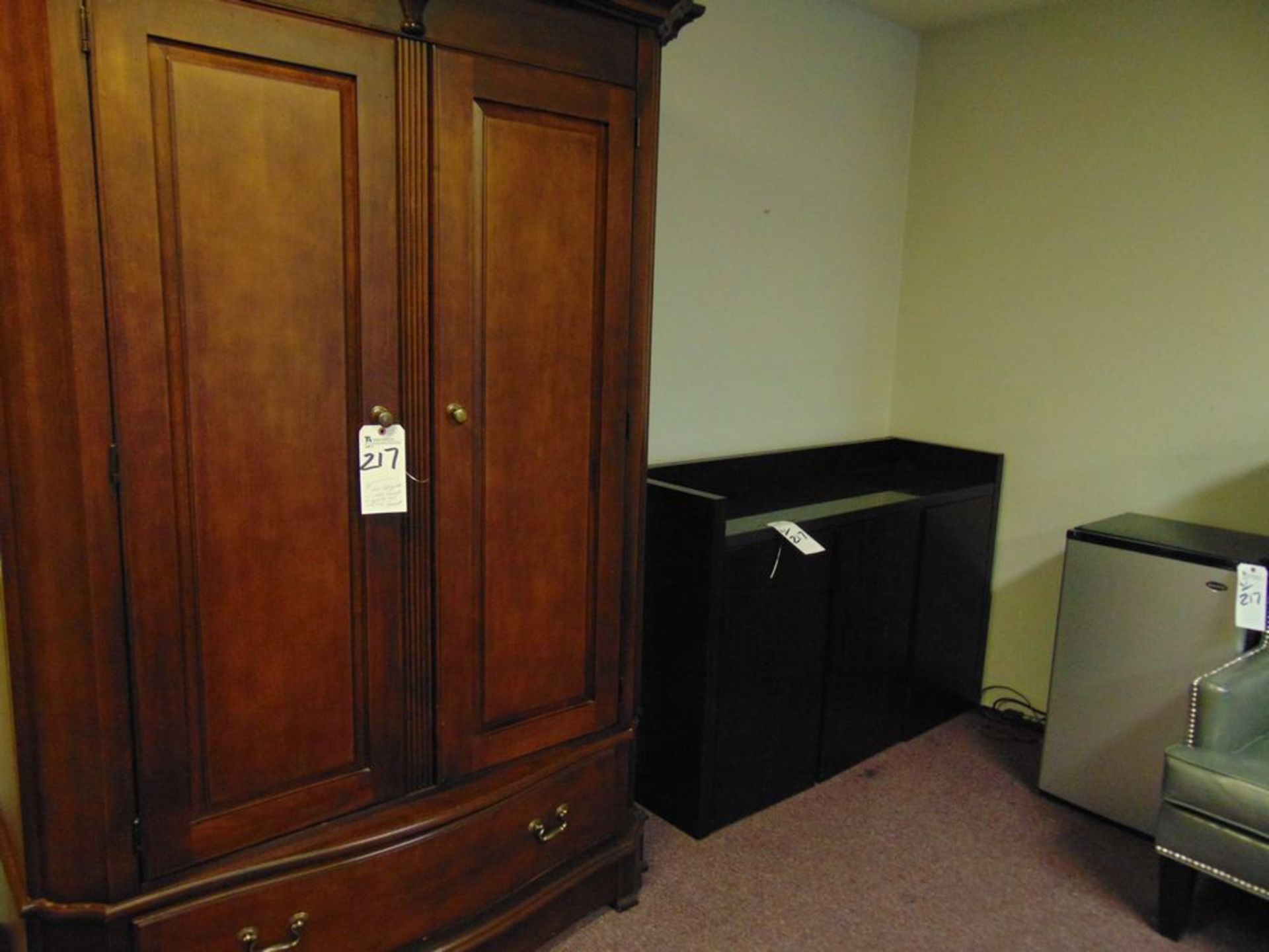 (Lot) Wood Cabinet, Granite Top Television Cabinet, Mini-Refrigerator