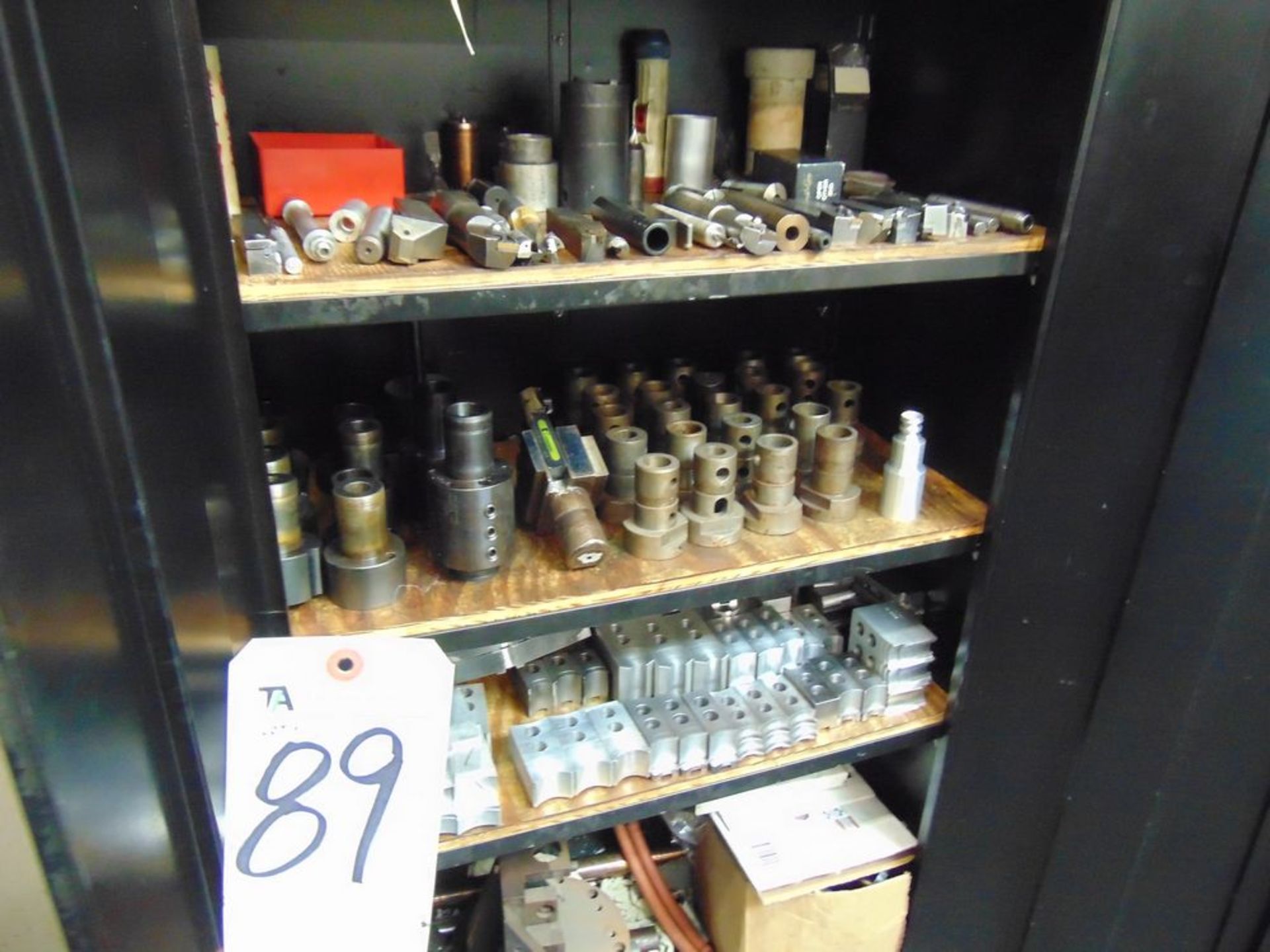 (Lot) Assorted Lathe Tooling, Boring Bars, Insert Tool Holders, Soft & Hard Jaws w/ Cabinet