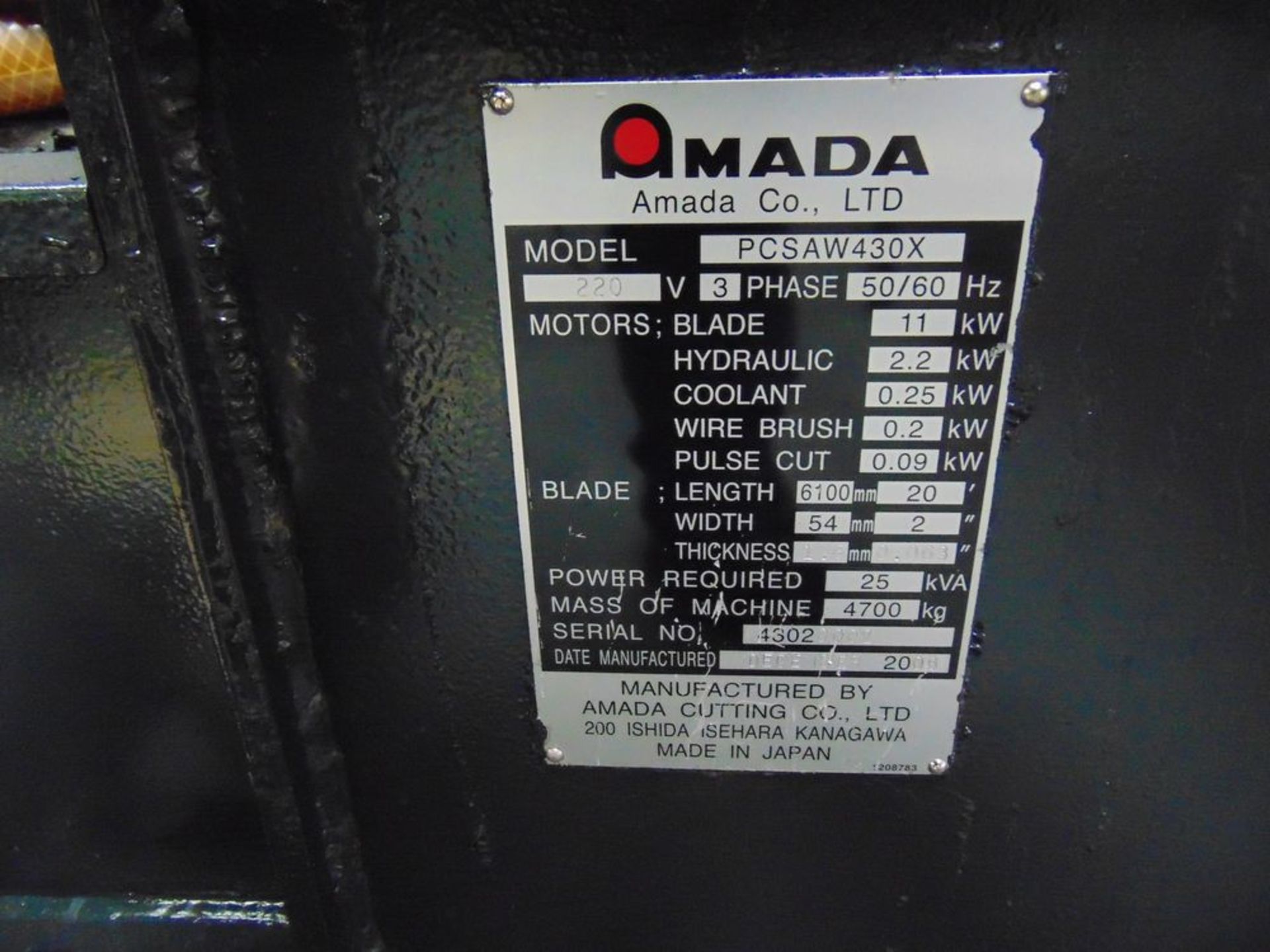 (2008) Amada mod. PCSAW430X, Horizontal Band Saw w/ Amada Chip Removal w/ Infeed & Outfeed Roller - Image 8 of 8