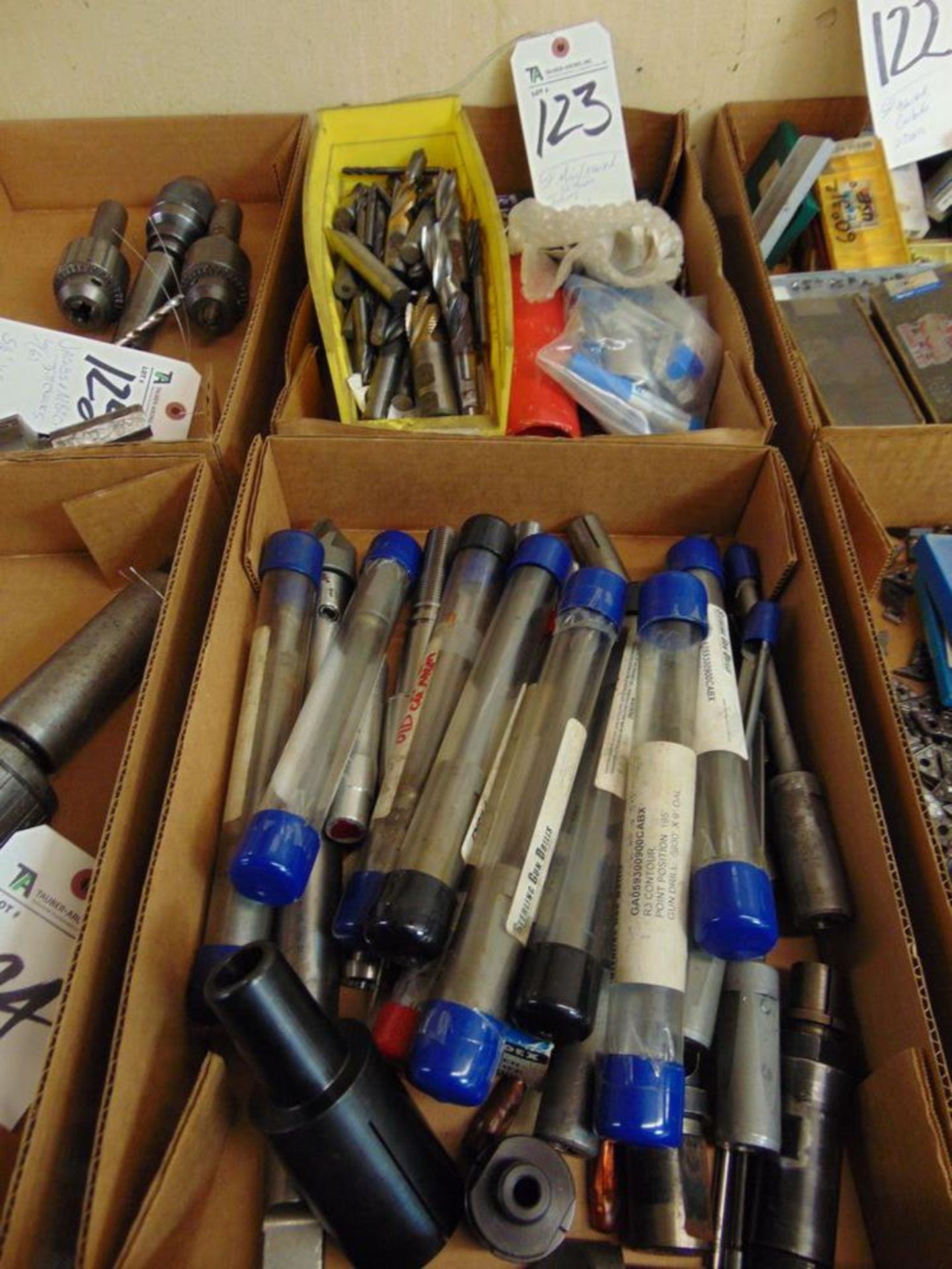 (Lot) Misc. Assorted Tooling, Drills, Taps, Reamers, (2 Boxes)