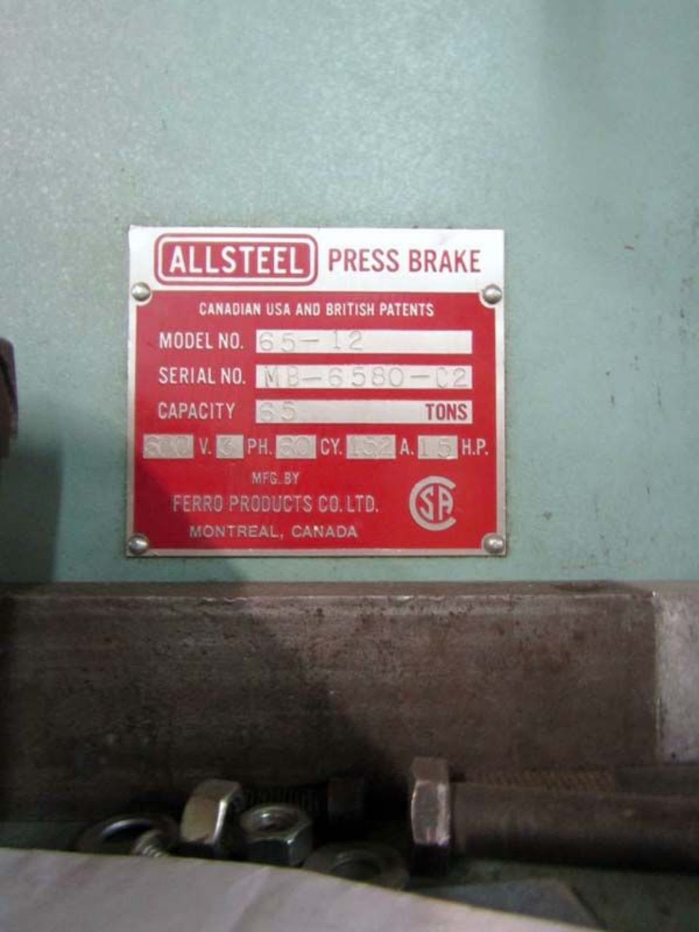 Allsteel CNC 2 Axis Hydraulic Press Brake 65 Ton x 12' - Image 3 of 3