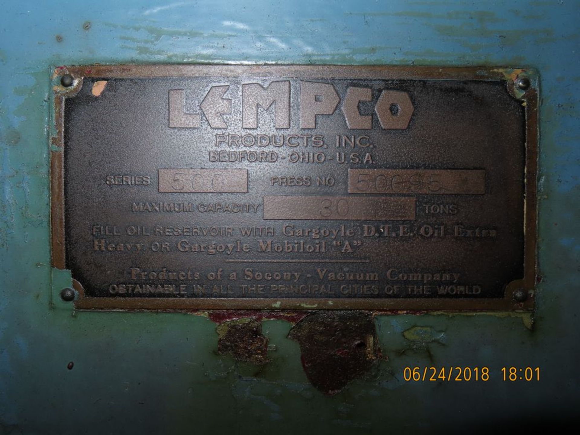 Lempco mod. 500, Hydraulic H-Frame Press, 30 Ton Max. Cap., 30'' W - Image 3 of 3