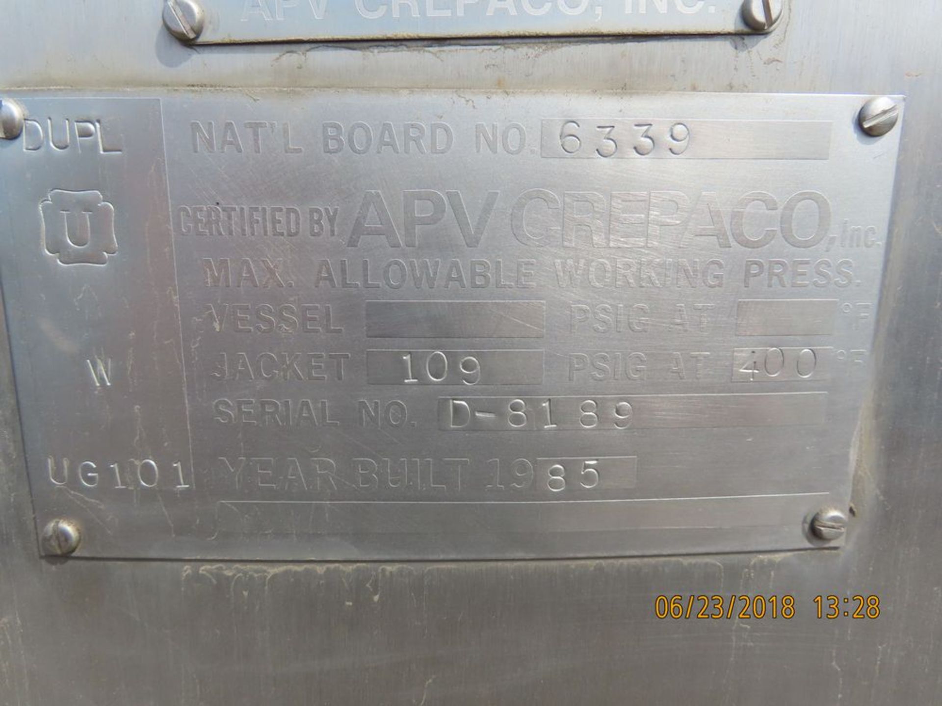 (1985) APV 2000 Gal., S.S. Jacketed Tank, 109 psiG 7' Dia. X 6'6'' T (26 1/2'' legs) - Image 3 of 3