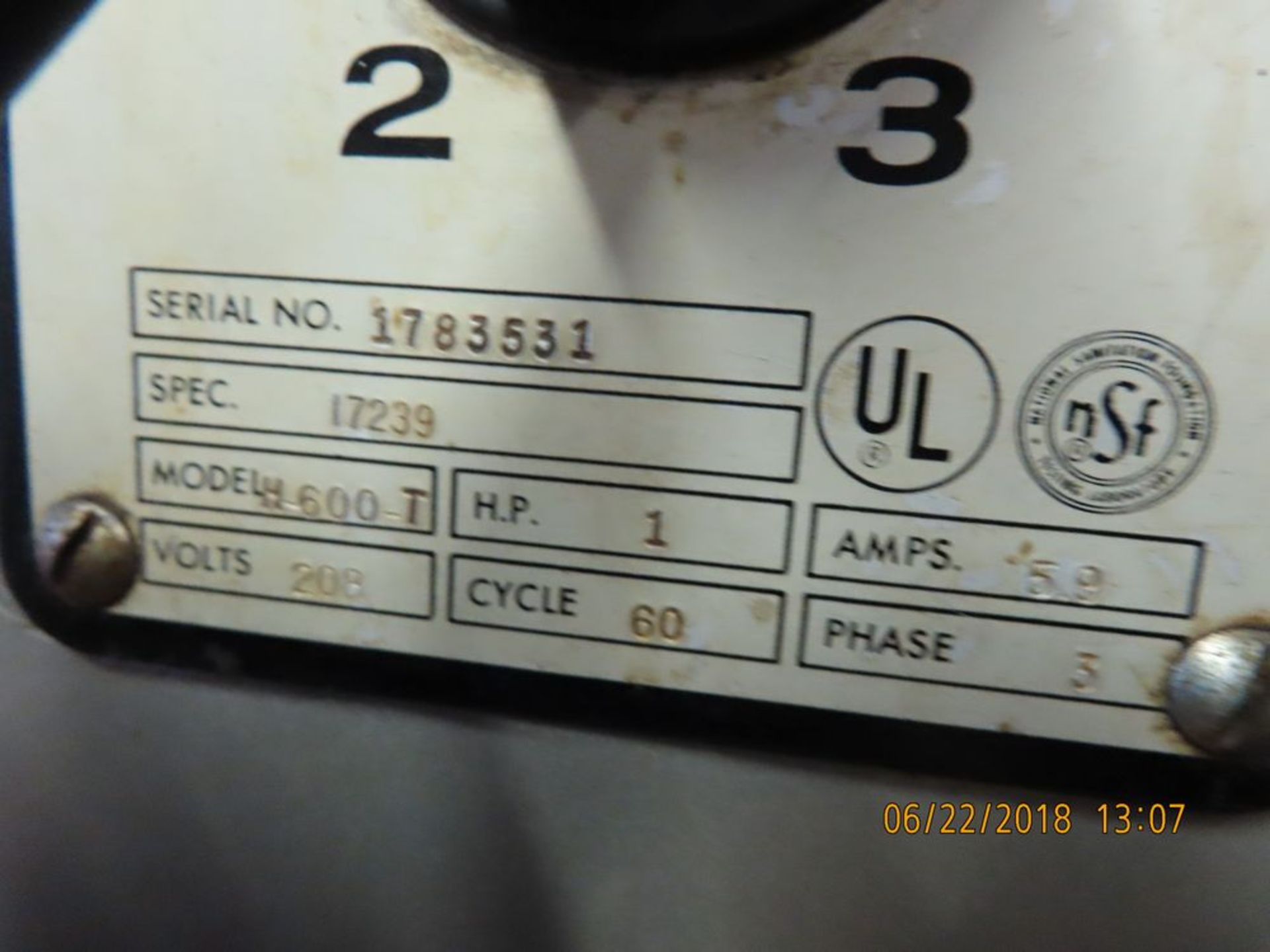 Hobart mod. H600, 3 Phase Mixer S/N 1783531 - Image 3 of 3