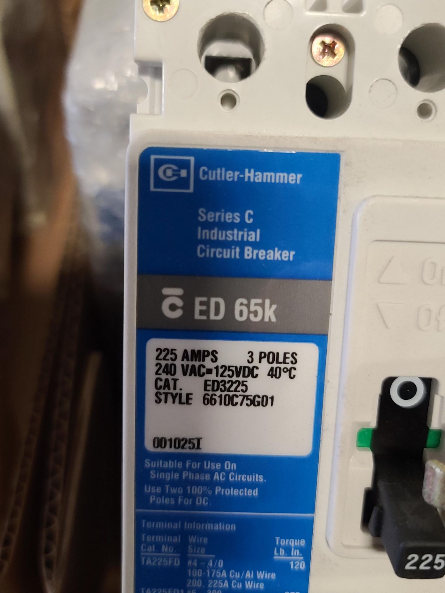 Cutler-Hammer 225 Amp, Cat ED3225 "S" - Image 2 of 2