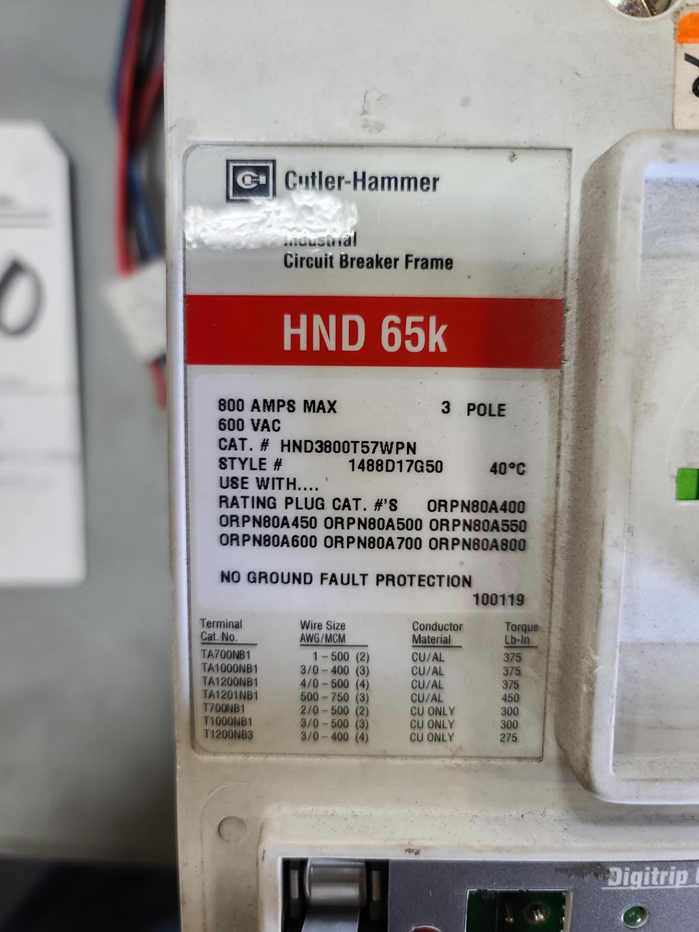 Cutler-Hammer, 800 Amp, Cat HND3800T57WPN, - Image 2 of 2