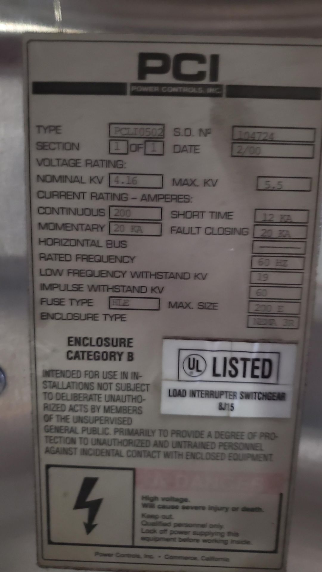 PCI Load Interruptor, 200A, 60Hz, PCLI0502, Nema 3R S.S. 5 KV (LOADING FEES: $50) - Image 3 of 3