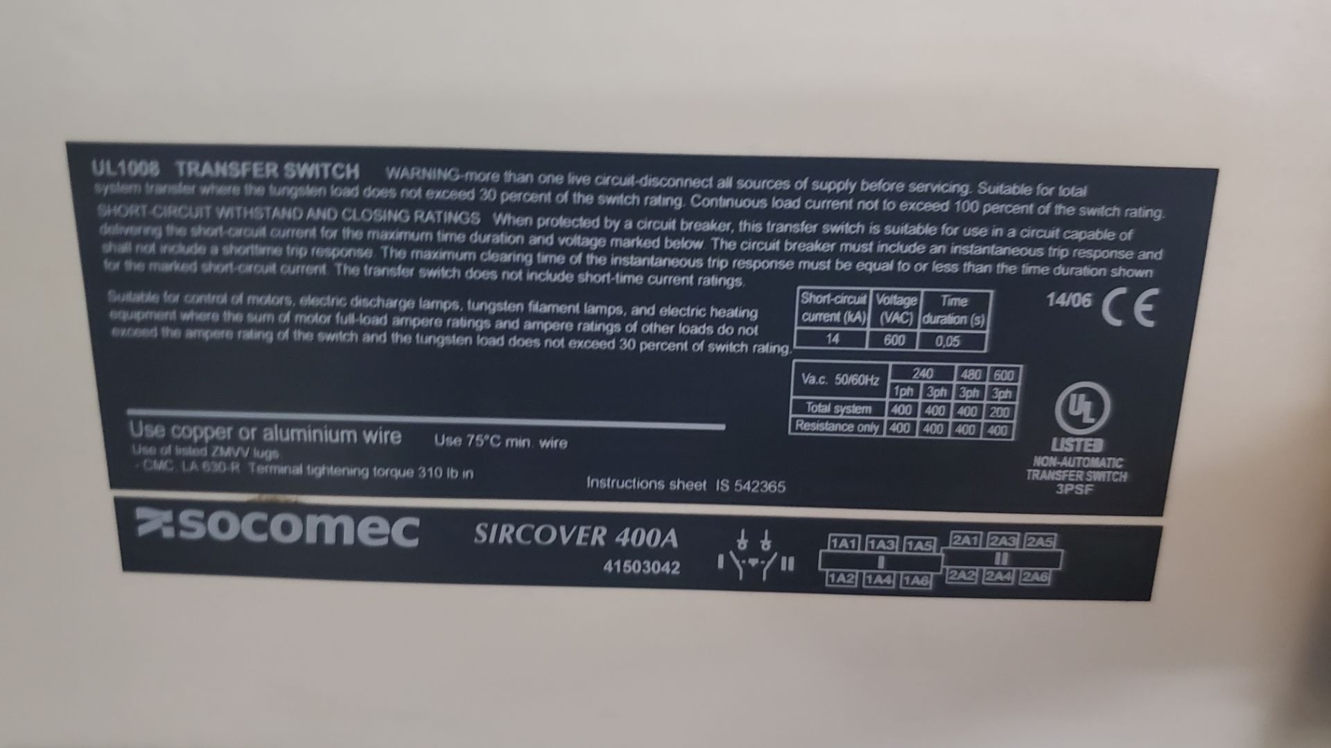PCI Socomec 400A, 600V, 3 Phase, 4 Wire Manual Transfer Switch w/ Nema 3R Enclosure - Image 3 of 3