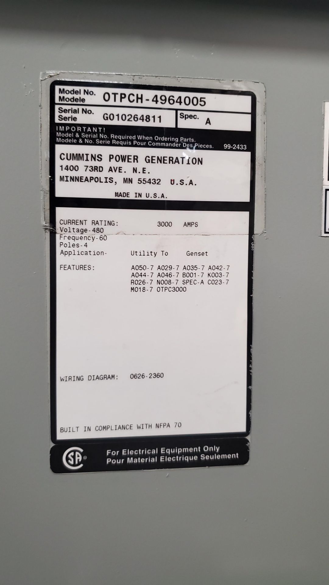 Cummins Onon Power Command Transfer Switch, 3000A, 480Y/277 (LOADING FEES: $180) - Image 4 of 4