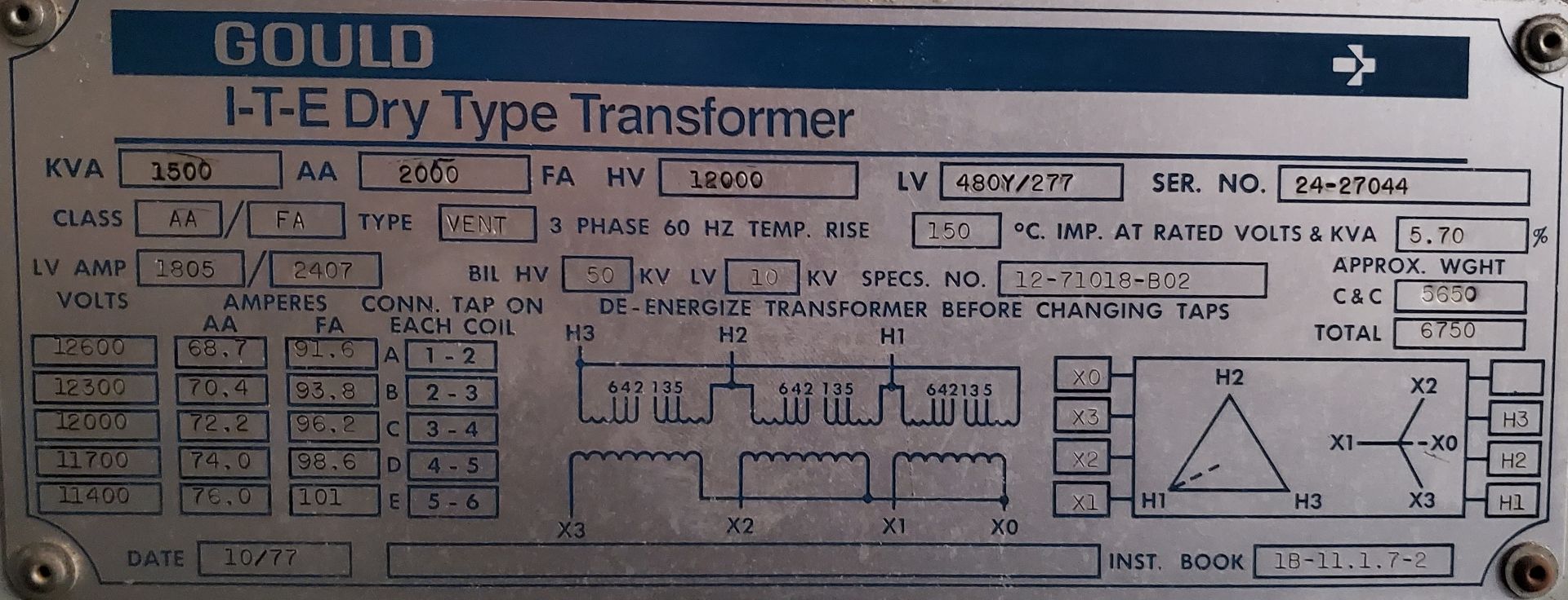 (Lot) ITE 1500/2000 12,000-480Y/277 Dry Transformer (LOADING FEES: $300) - Image 3 of 4